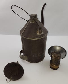 Retro Carbide Coal Miners Lamp with Coal Oil Can and tin funnel by Justrite Areamlined