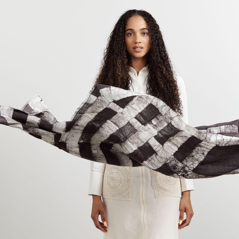 Carbo Linen Scarf in Black and White Block Printed Pattern, Handmade By ...