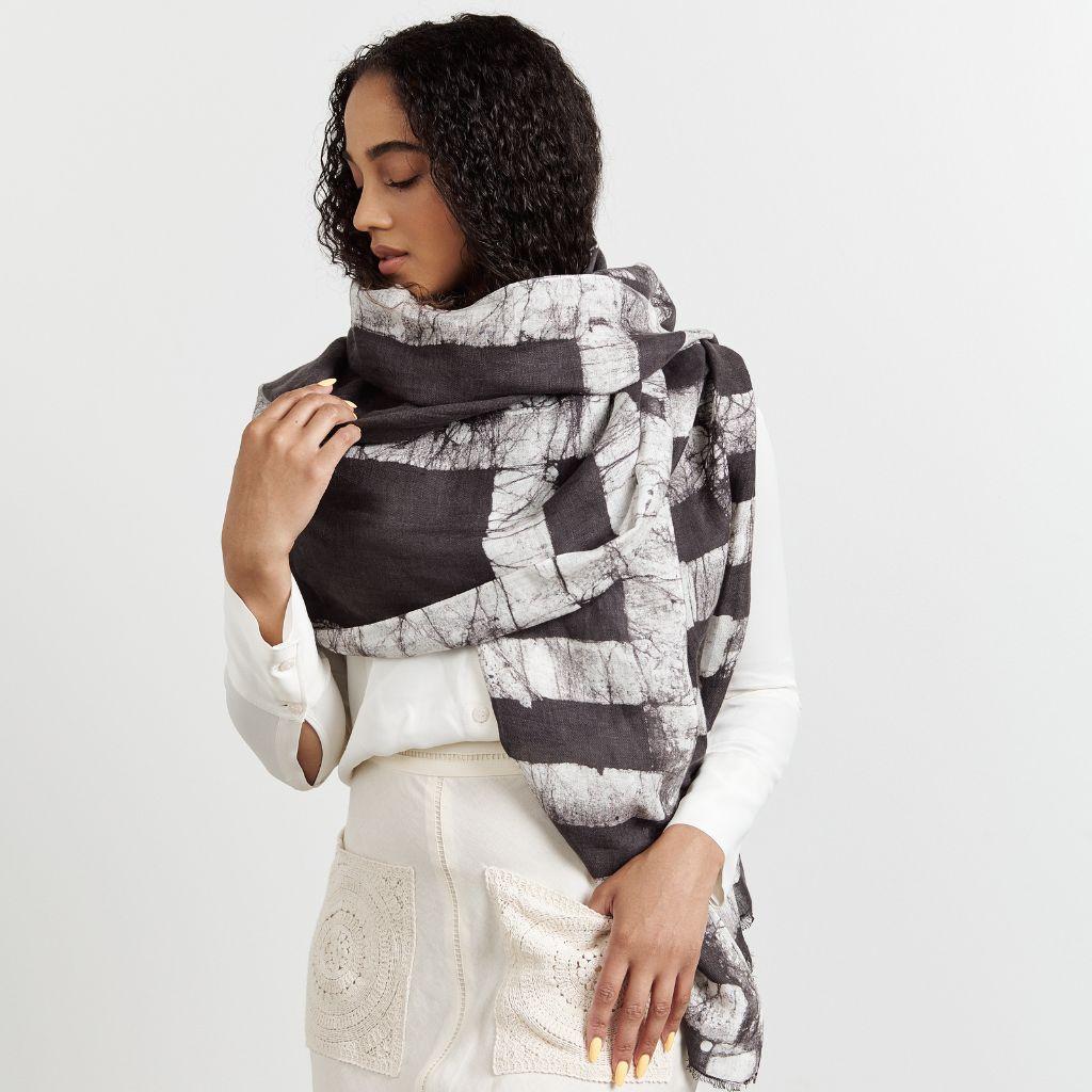 Women's Carbo Linen Scarf in Black and White Block Printed Pattern, Handmade By Artisan For Sale