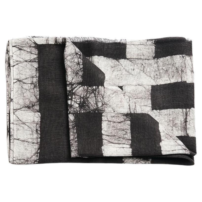 Carbo Linen Scarf in Black and White Block Printed Pattern, Handmade By Artisan For Sale