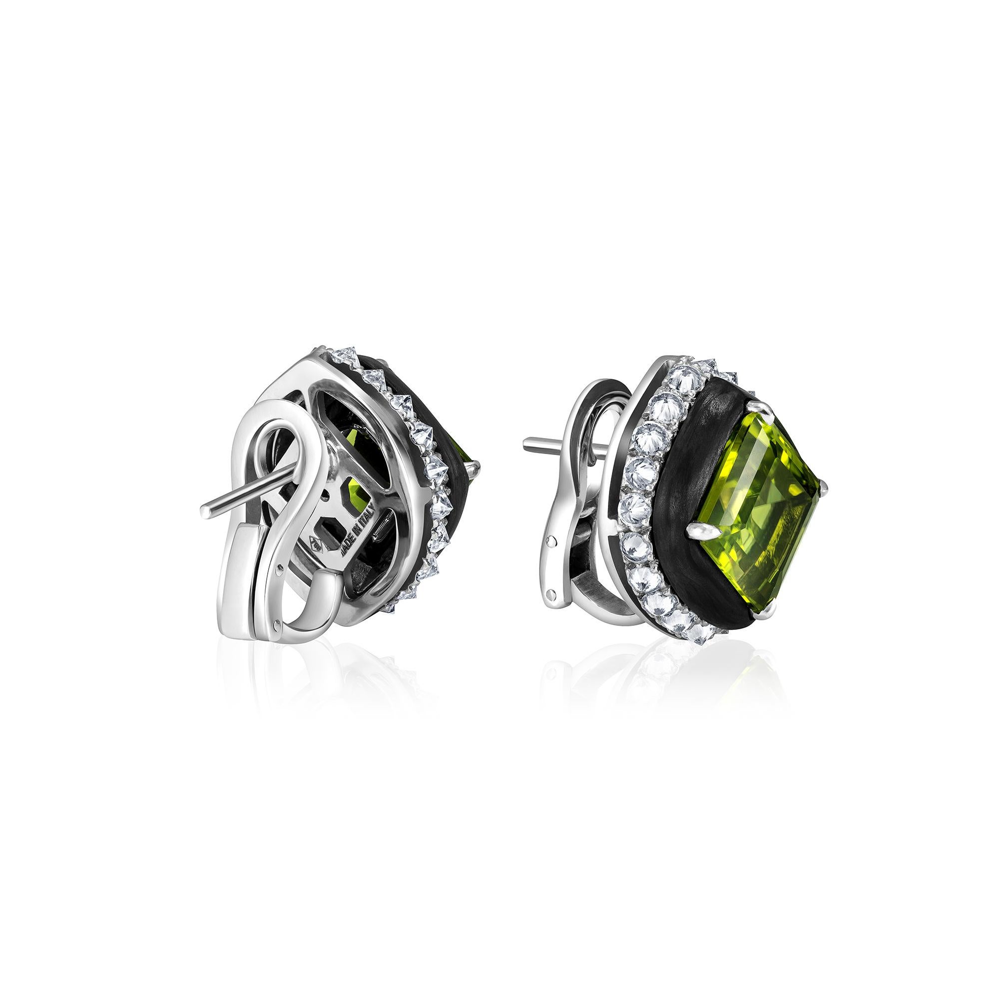 Carbon Fiber Earrings, 18k Gold, White Diamonds 2.1ct., Peridot 10.2 Ct. For Sale 1