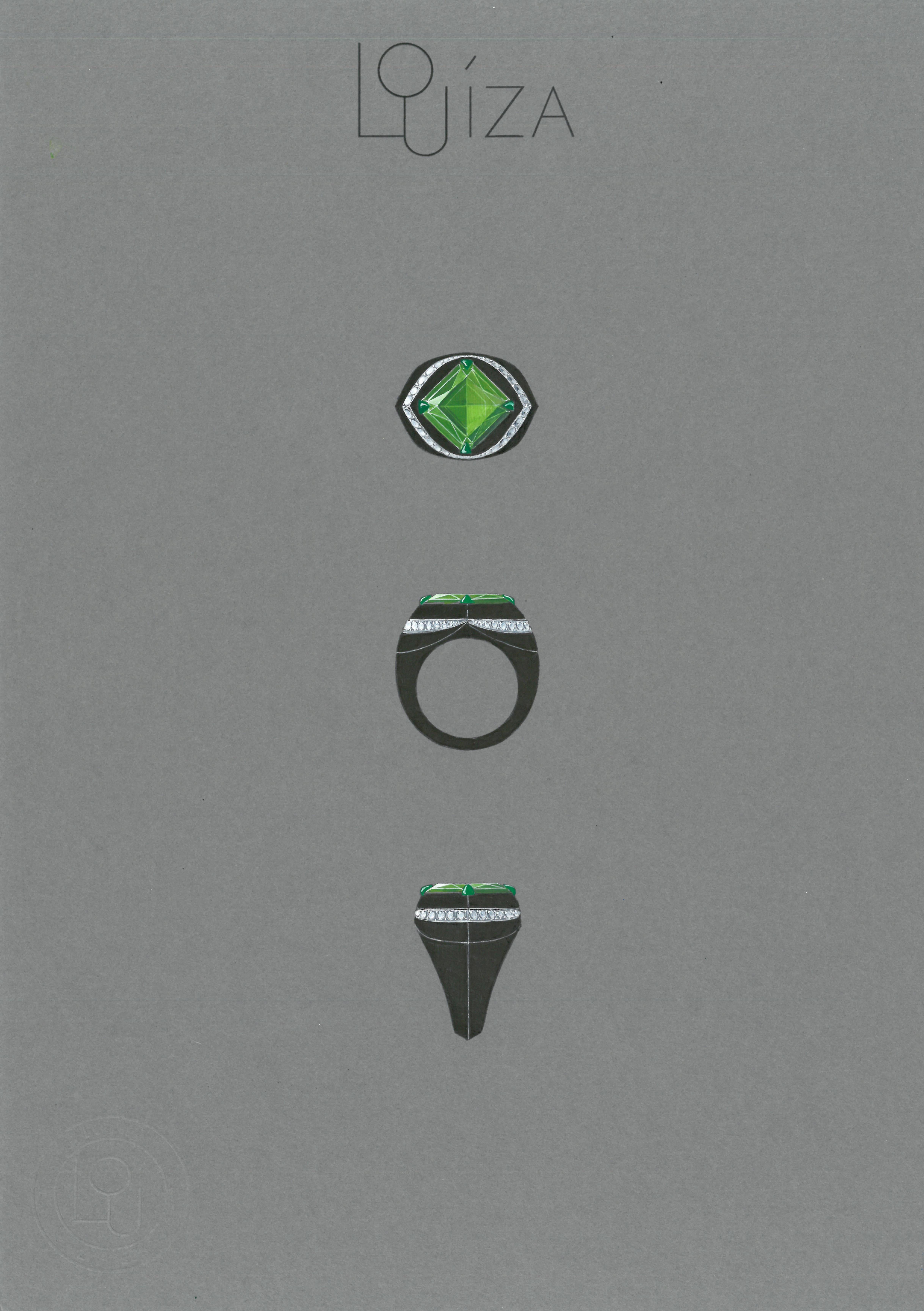 Emerald Cut Carbon Fiber Ring, 18k Gold, White Diamonds 2.1ct., Peridot 7.75 Ct. For Sale