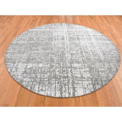 Carbon Gray Wool and Silk Abstract Design Hand Knotted Round Oriental Rug