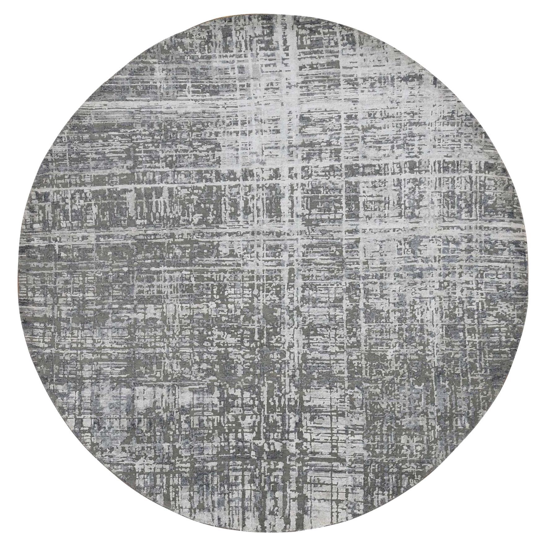 Carbon Gray Wool and Silk Abstract Design Hand Knotted Round Oriental Rug