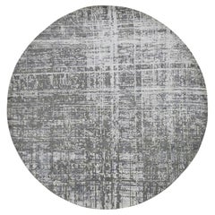 Carbon Gray Wool and Silk Abstract Design Hand Knotted Round Oriental Rug