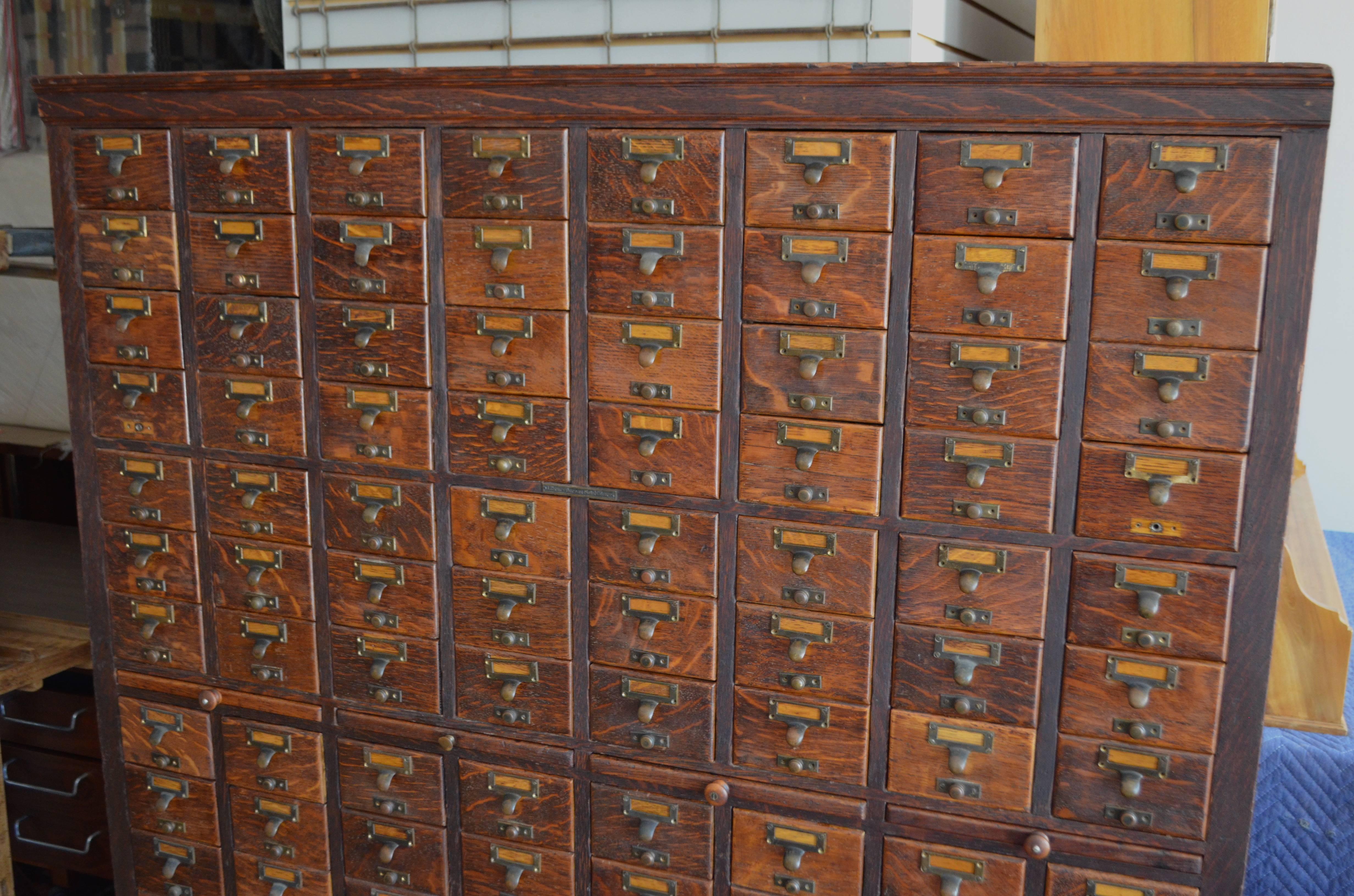 Brass Card Catalog File Cabinet from Chicago Library, Solid Oak, Early 20th Century