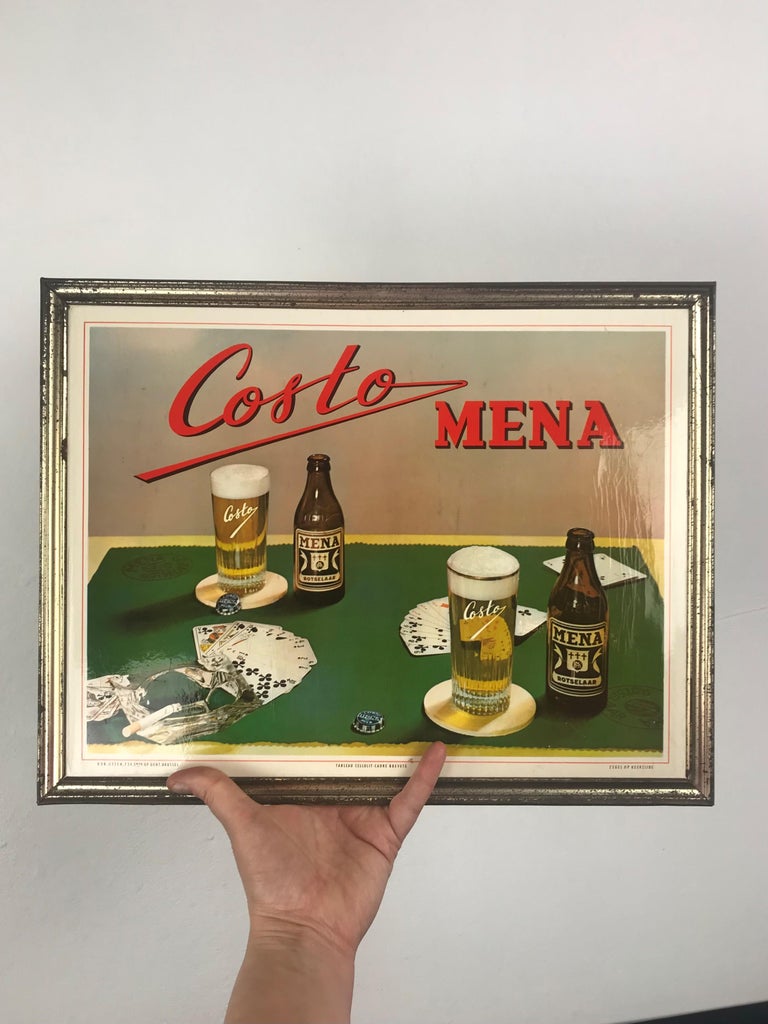 Vintage card game wall decoration sign. 
1960s advertising sign with a typical card game scene: 
green playing card felt, playing cards, dice, a good beer and cigarettes and an ashtray. 

This vintage sign was designed for the blond Belgian Beer
