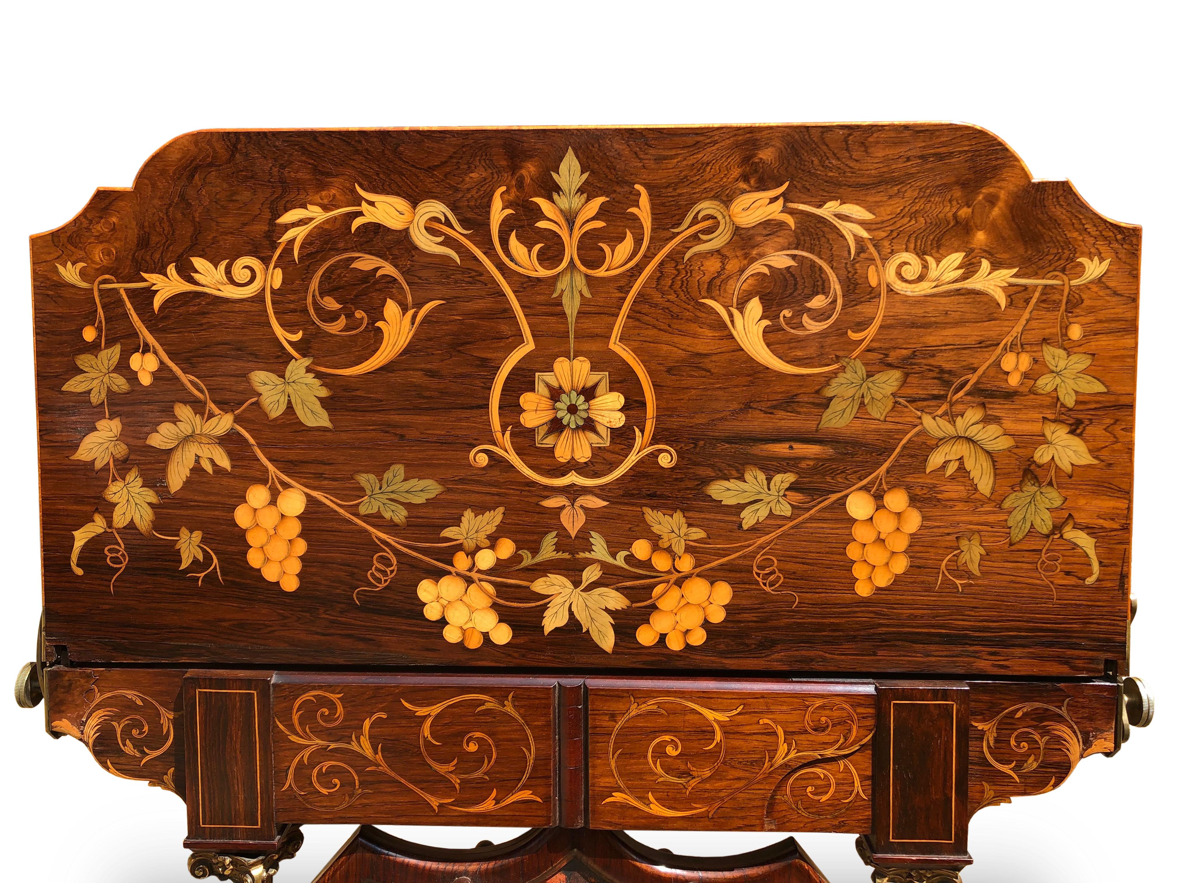 English Card Table and Fire Screen Rosewood with Floral Inlay, Exhibition Quality For Sale