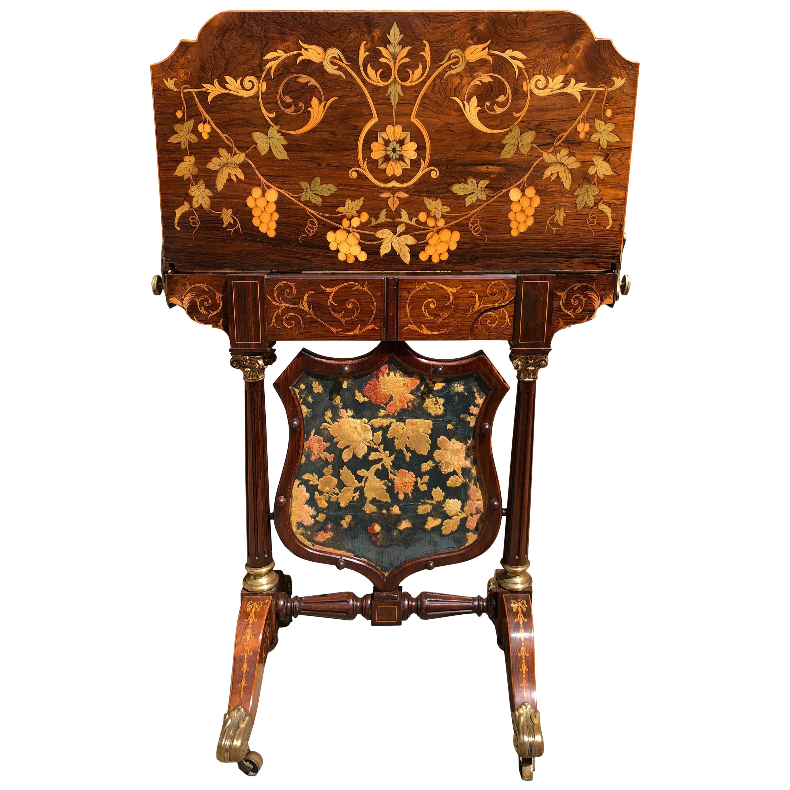 Card Table and Fire Screen Rosewood with Floral Inlay, Exhibition Quality For Sale