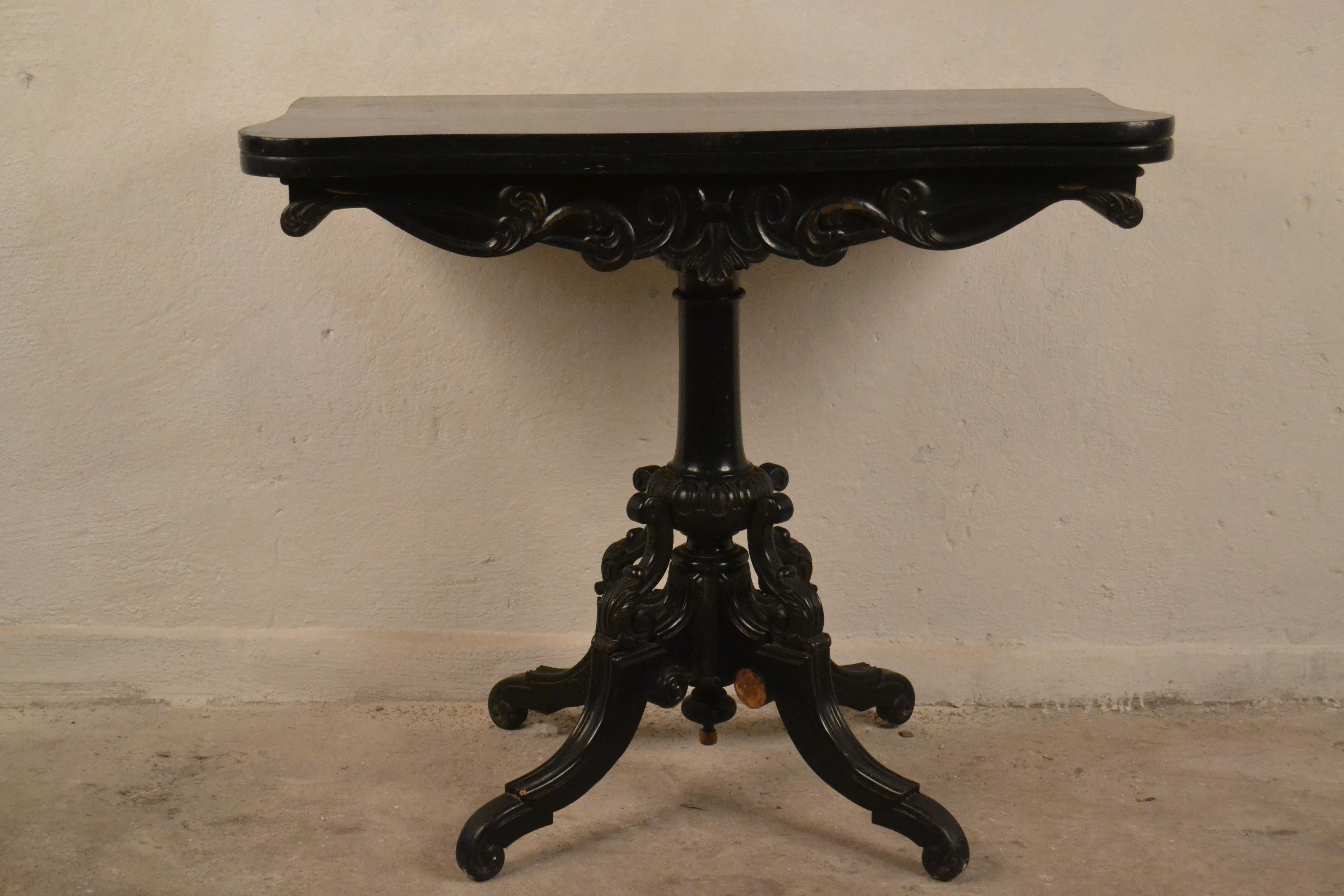 A French card table made in the 19th century. A fully original furniture. It has decorations made of mother-of-pearl. The table is designed for renovation, there are cavities in the decorations.