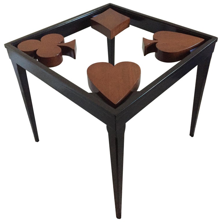 Card Table or Game Table Handcrafted with Spade Club Diamond Heart Design Top For Sale at