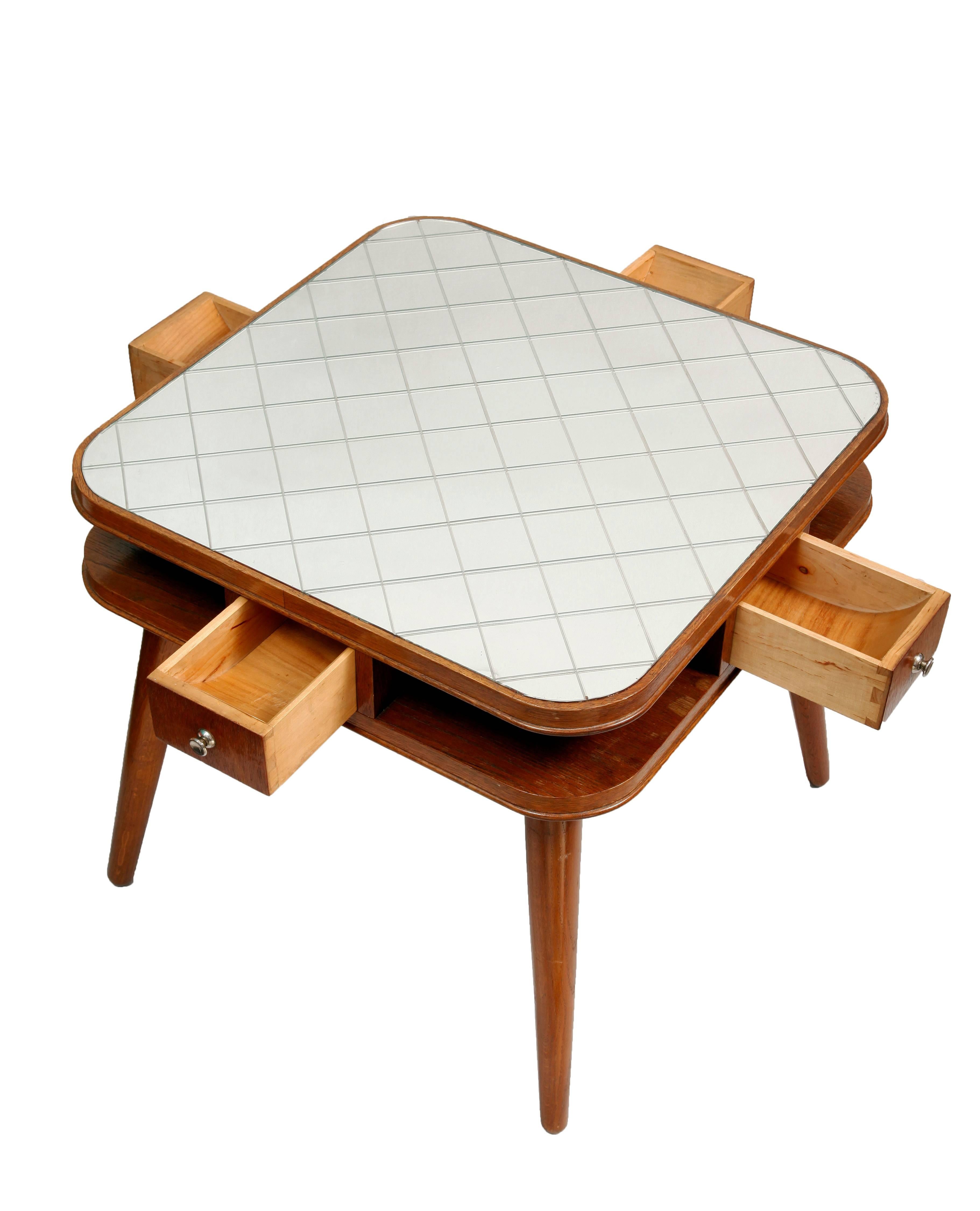  Card Table with a Mirror Top, Oak, Czech Art Deco, 1950s In Good Condition For Sale In Warsaw, PL