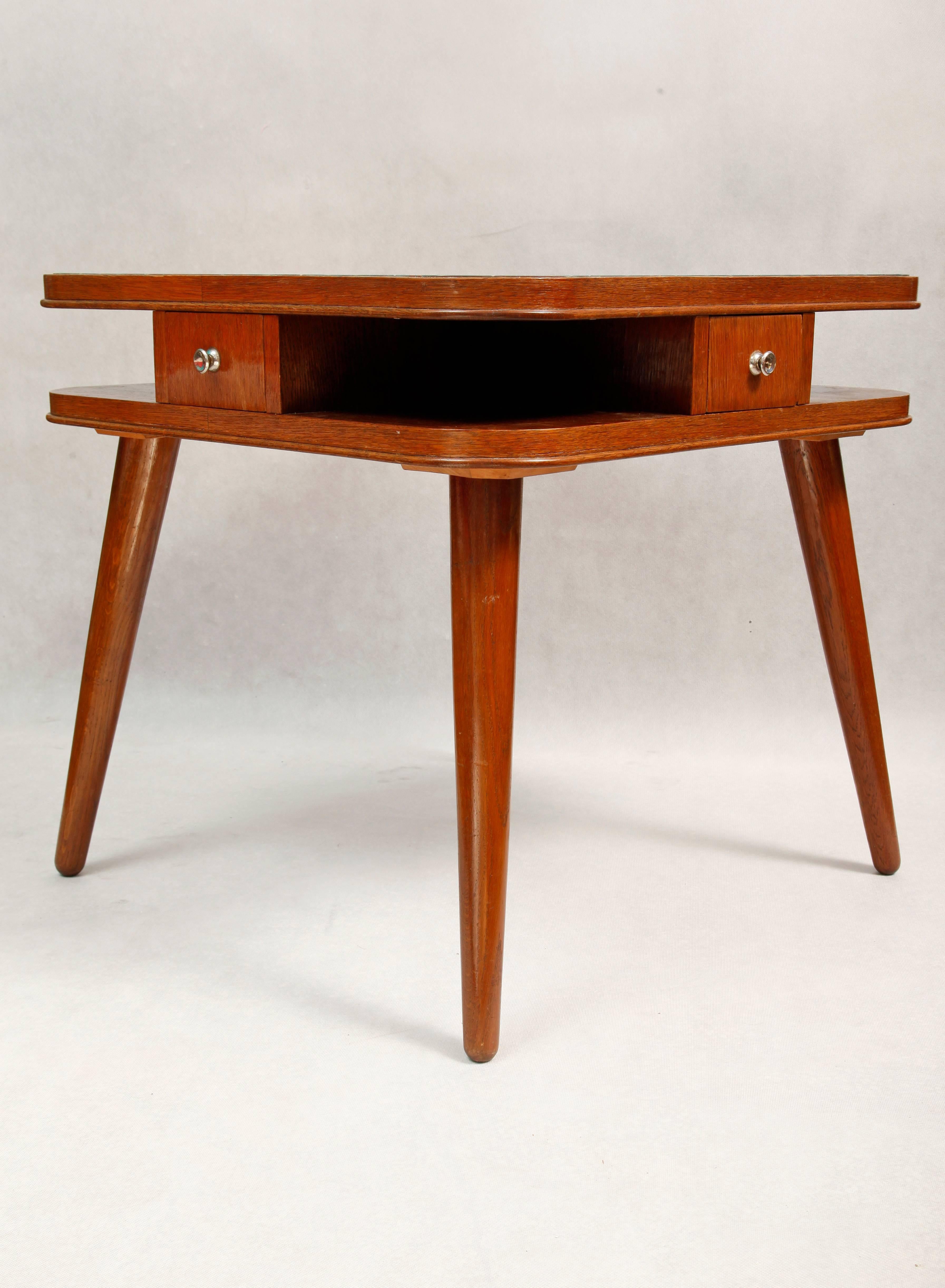  Card Table with a Mirror Top, Oak, Czech Art Deco, 1950s For Sale 2