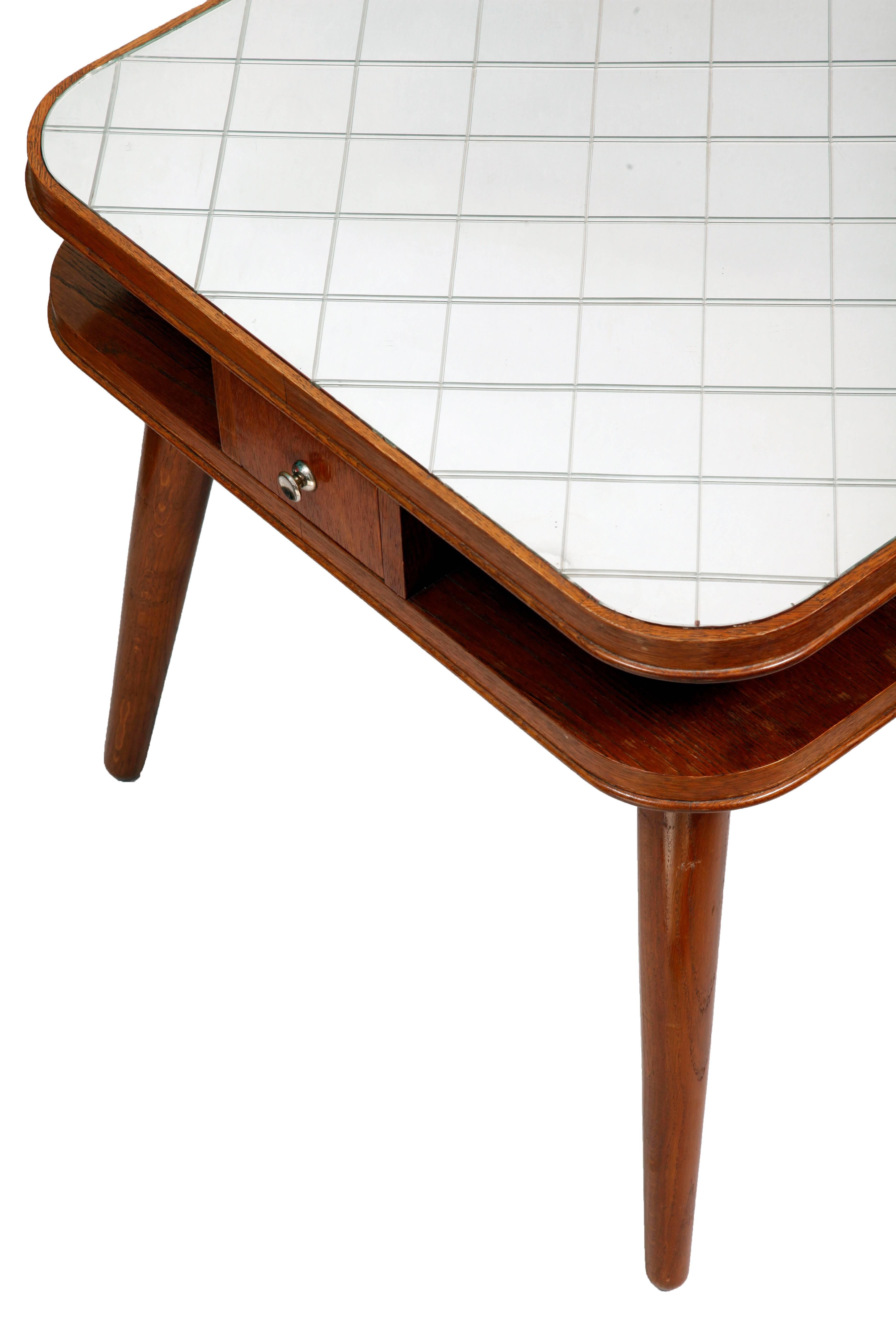  Card Table with a Mirror Top, Oak, Czech Art Deco, 1950s For Sale 3