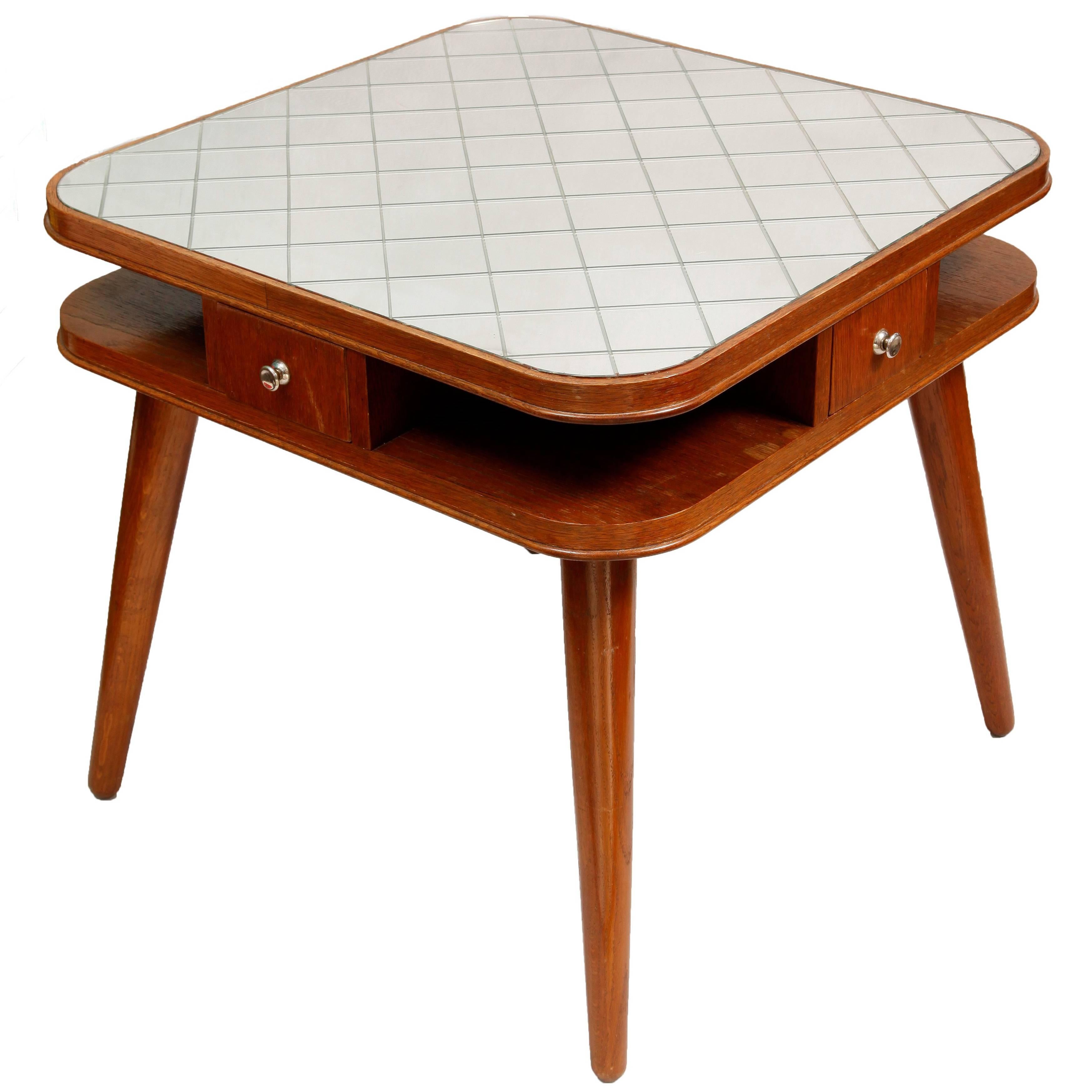  Card Table with a Mirror Top, Oak, Czech Art Deco, 1950s For Sale