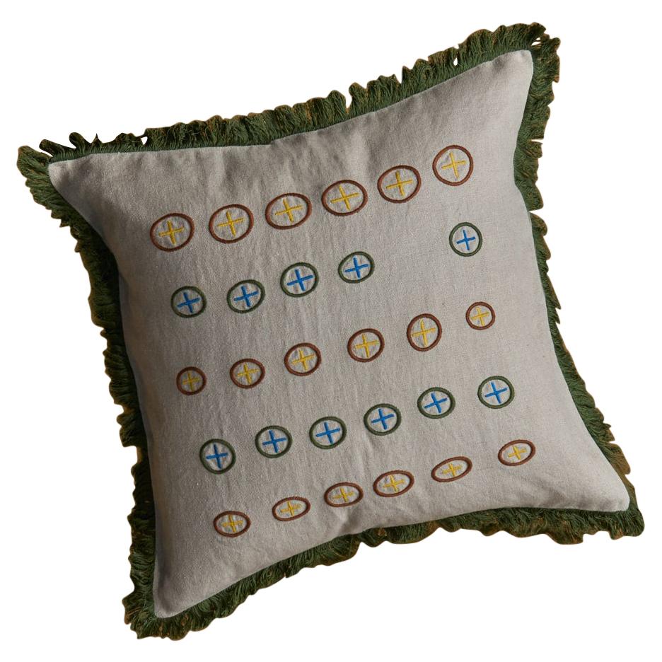 Cardamom, Beige Linen Cushion with Hand Embroidery and Grass Finishing For Sale