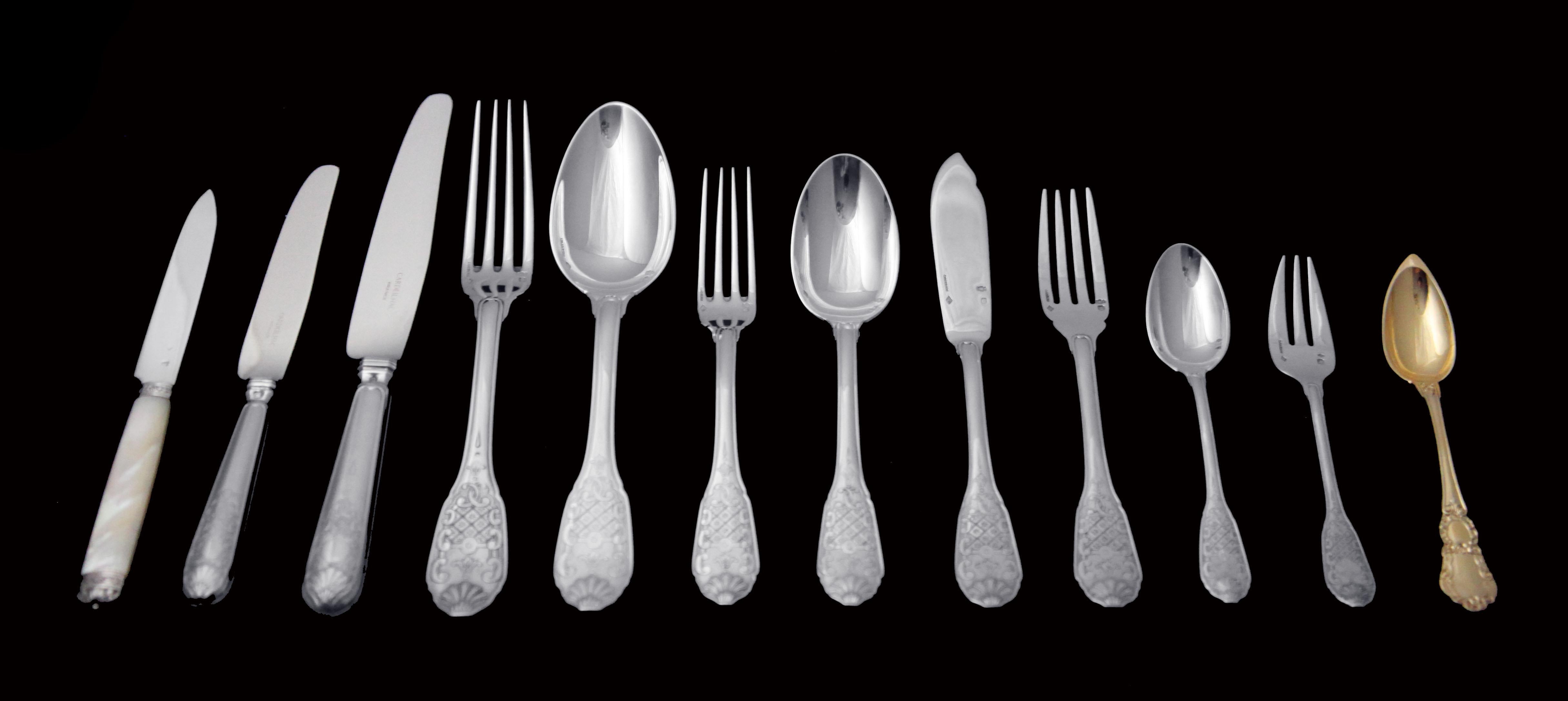 Direct from Paris, a magnificent sterling 117pc. sterling silver flatware set by France’s premier silversmith “Cardeilhac – Christofle”, silversmith to the King, in their rare Royal Pattern with original Christofle anti-tarnish storage wraps, plus