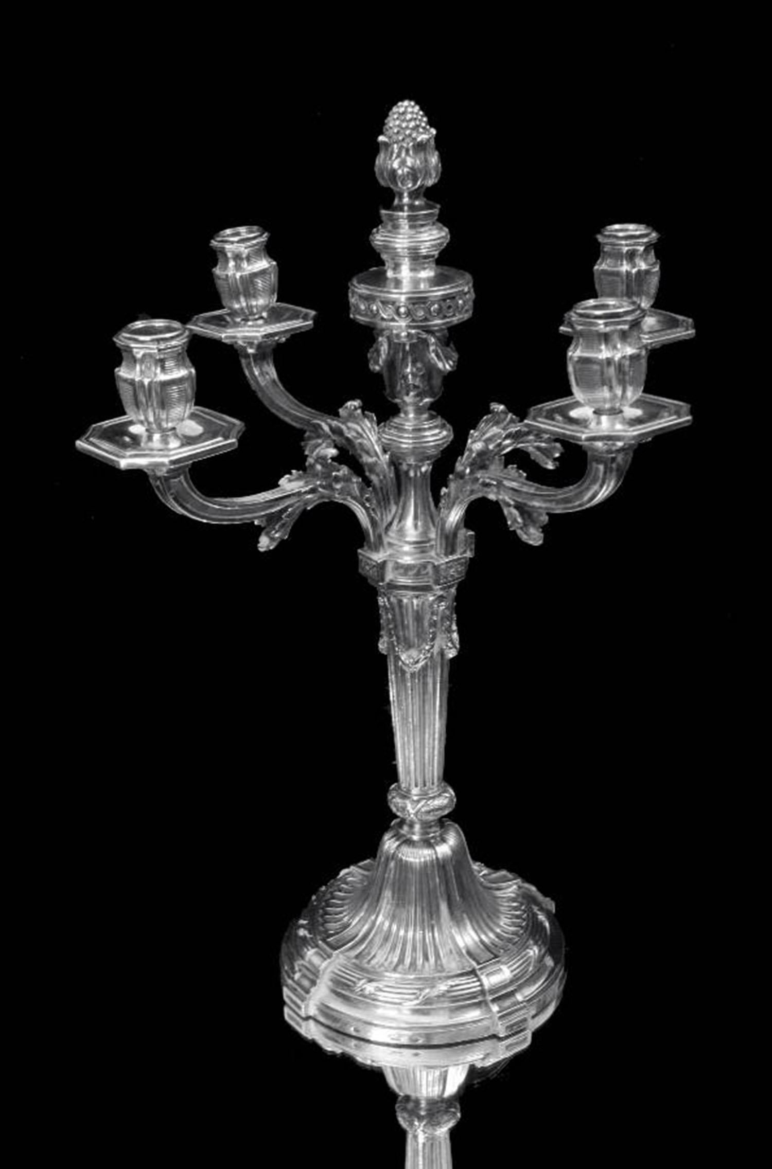 Louis XVI Cardeilhac (Christofle) - Two 5-Candle French 950 Sterling Silver Candelabra For Sale