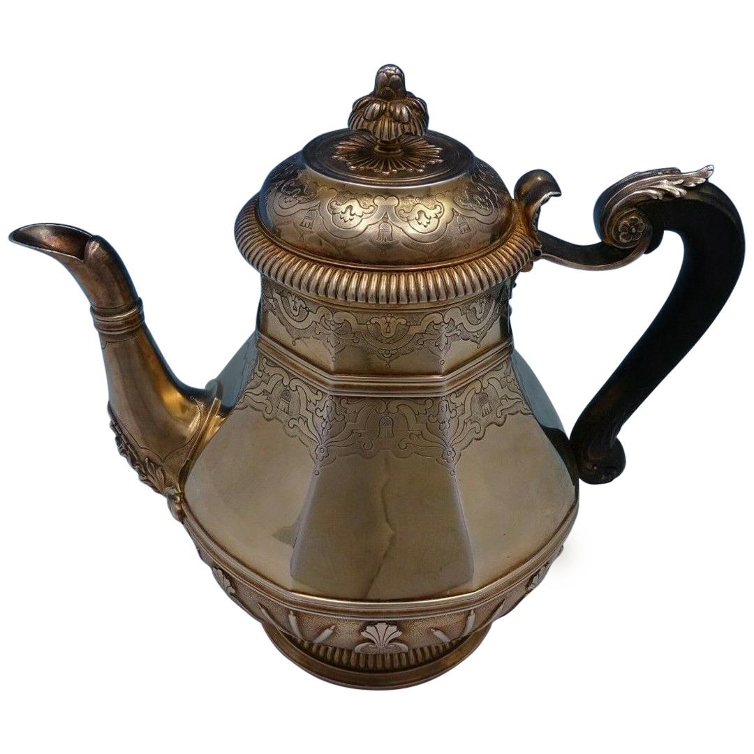 Cardeilhac French .950 Silver Tea Pot Vermeil with Ebony Handle Cattails