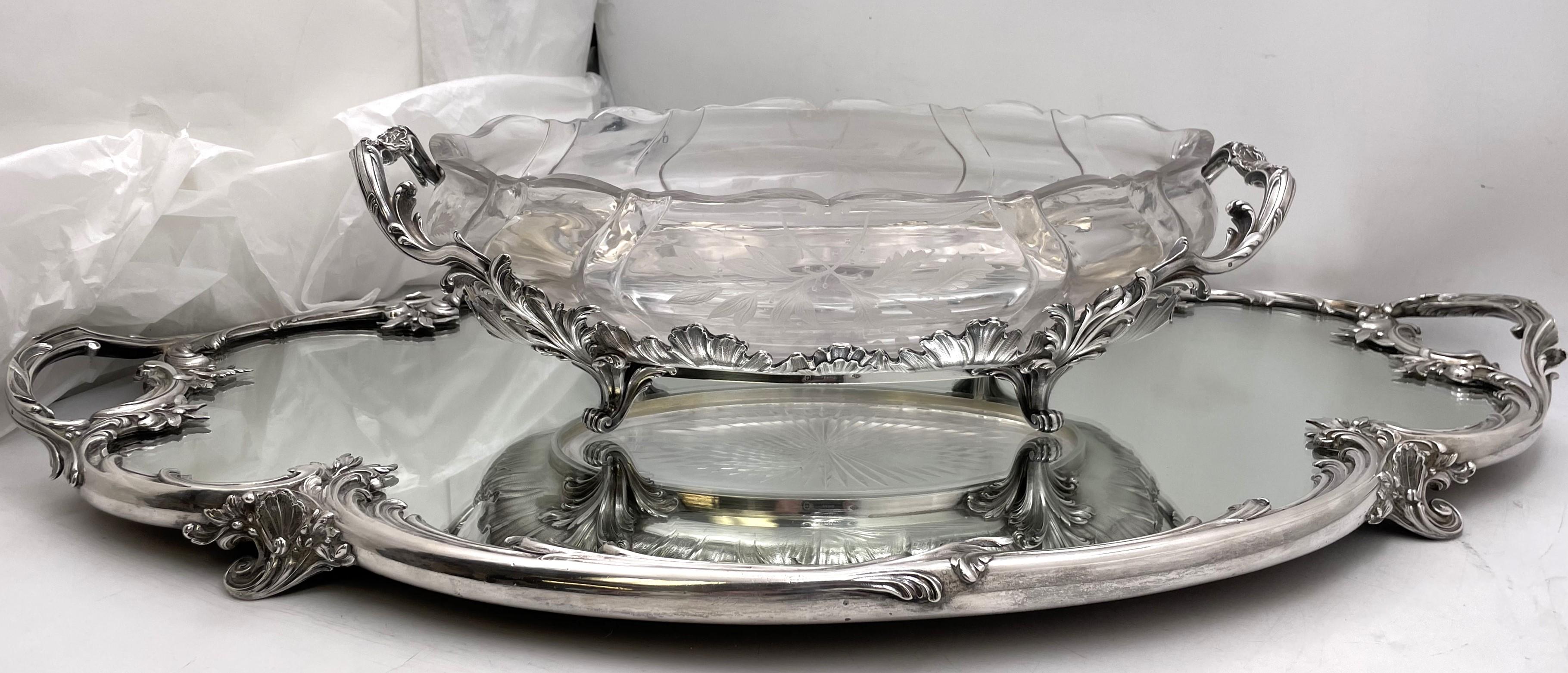 Cardeilhac, French 0.950 (higher purity than sterling) silver ensemble from the early 20th century, all in Rococo style, consisting of:

- a two-handled mirrored plateau or tray, richly decorated with beautifully chased acanthus fronds and scrolls