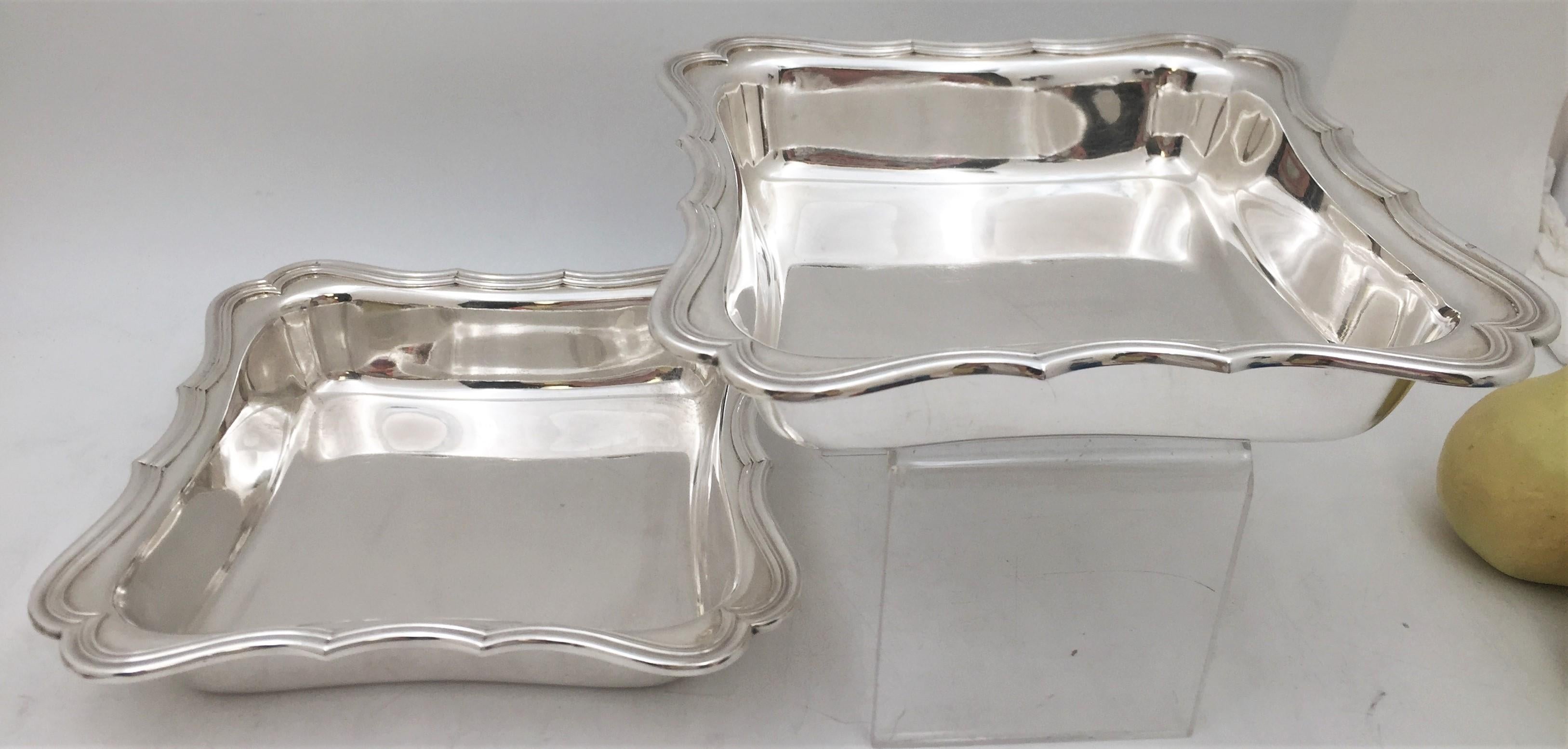 Cardeilhac, French 0.950 (higher purity than sterling!) silver pair of open vegetable bowls in Art Deco style with a beautiful curvilinear design. They measure 9 1/8'' by 9 1/8'' by 1 7/8'' in height. Each bears hallmarks and monograms as shown.