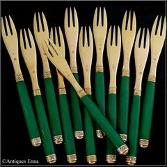 Cardeilhac Rare French Sterling Silver 18k Gold Forks Set 12 Pc