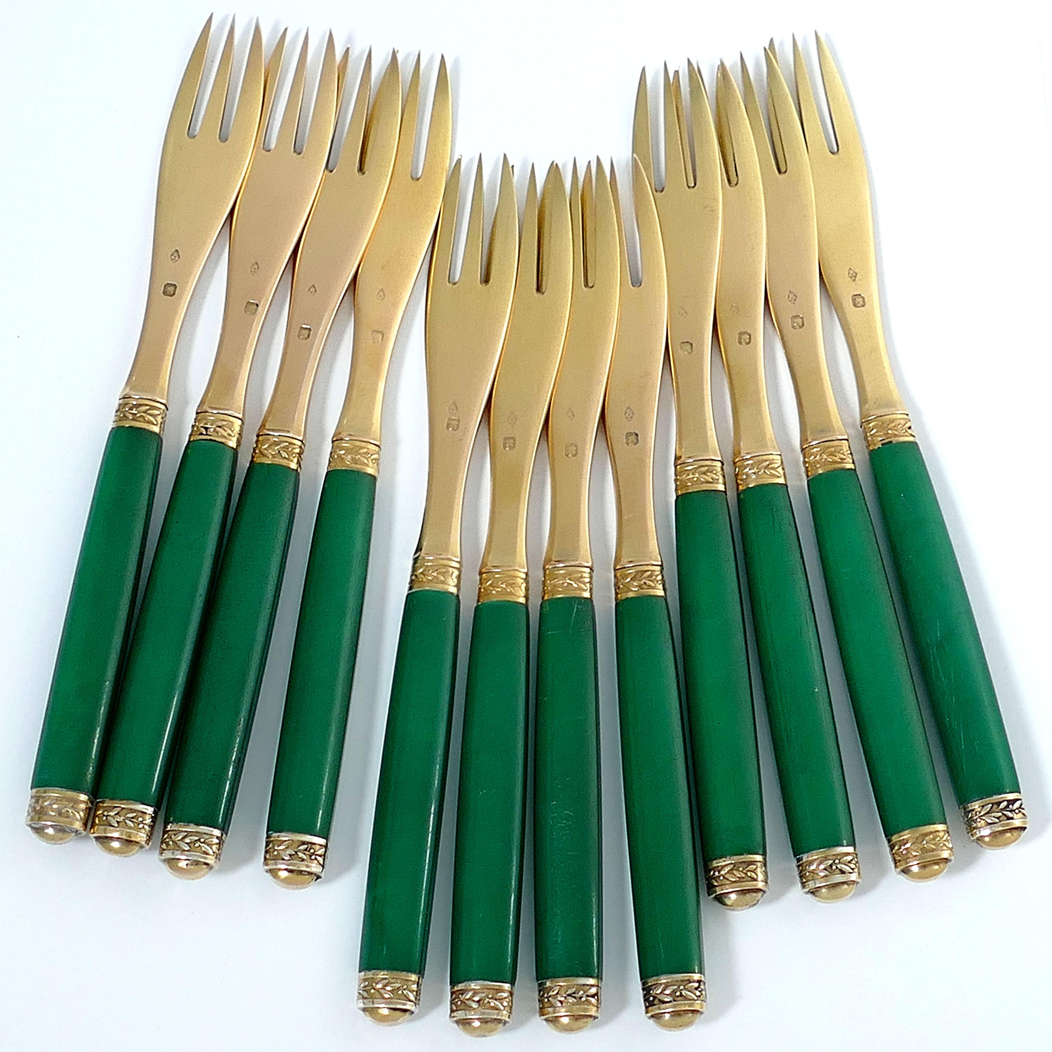 Cardeilhac Rare French Sterling Silver 18k Gold Forks Set 12 Pc For Sale 3