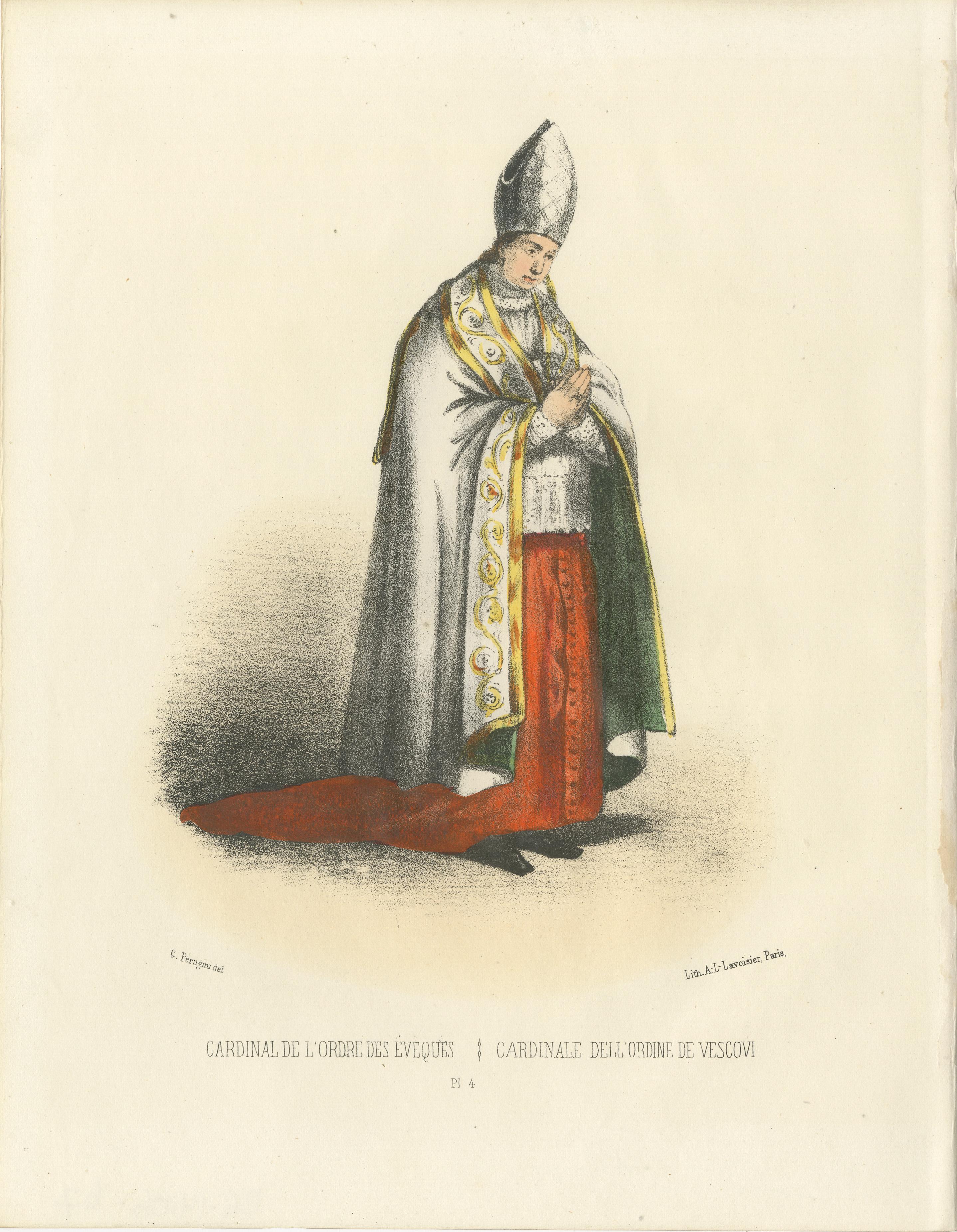 Cardinal de l'Ordre des Évêques (Cardinal of the Order of Bishops), Plate 4, 1862  

This intricately hand-colored lithograph, *Cardinal de l'Ordre des Évêques* (Cardinal of the Order of Bishops), Plate 4 from *Album ou Collection Complète, et