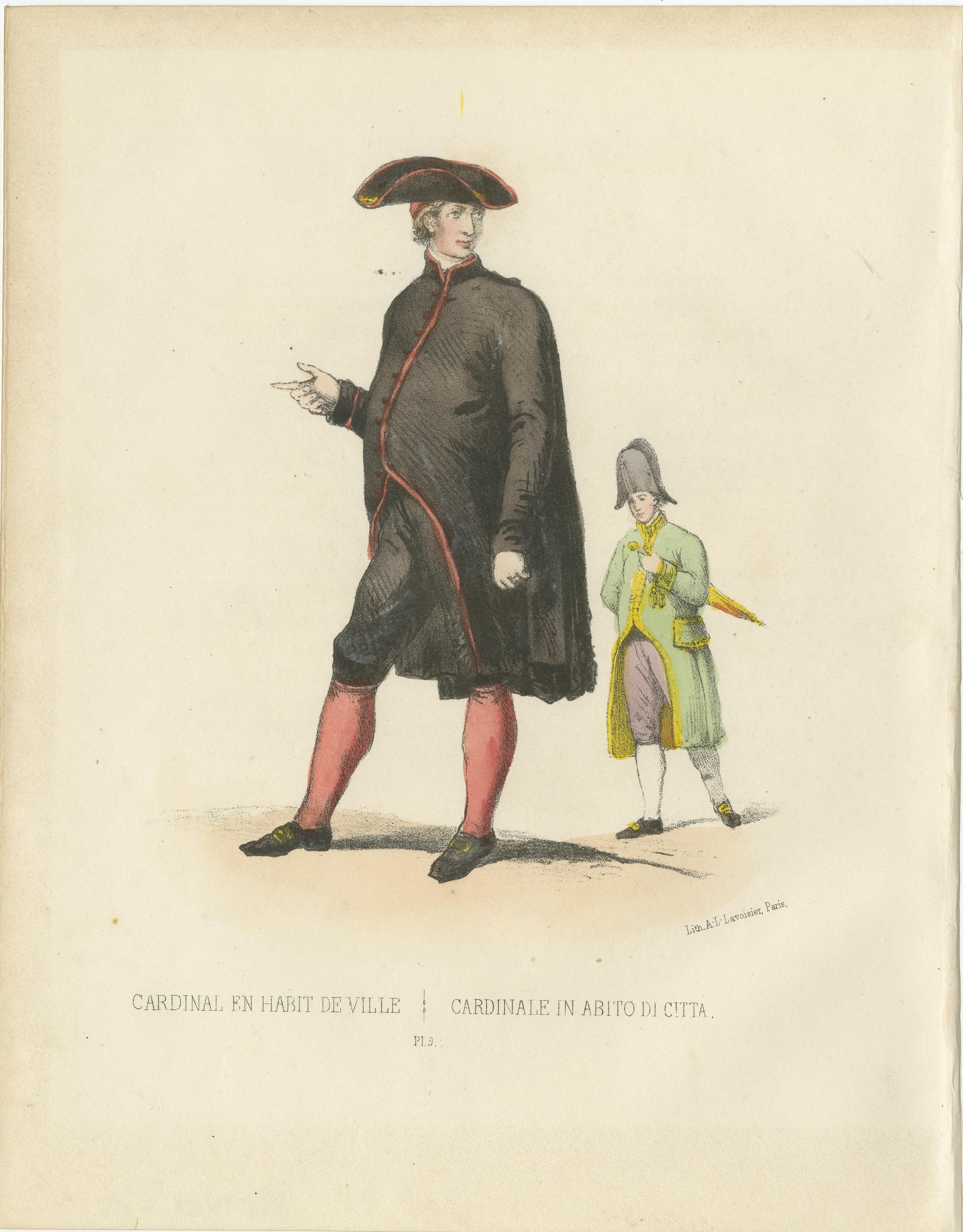 Cardinale in abito da città (Cardinal en Habit de Ville), lastra 13, 1862  

Questa elegante litografia colorata a mano, *Cardinal en Habit de Ville* (Cardinale in abito da città), lastra 13 dell'*Album ou Collection Complète, et Historique des