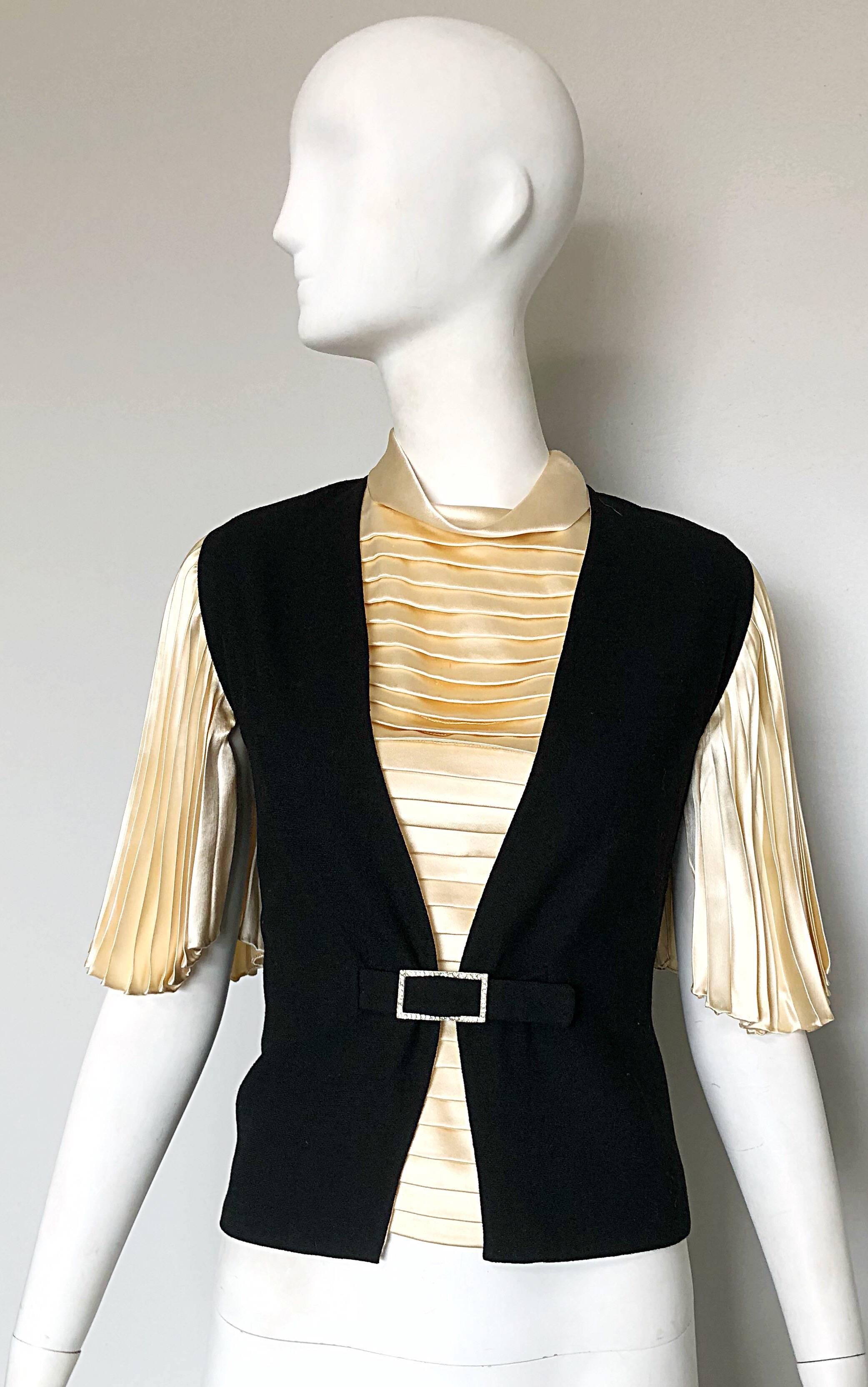 Chic 60s vintage CARDINALI original sample ivory off-white silk top and sleeveless black vest! This ensemble comes directly from the late designer's (Marilyn Lewis) estate. Ivory silk pleated blouse with amazing accordian flutter sleeves. Full metal