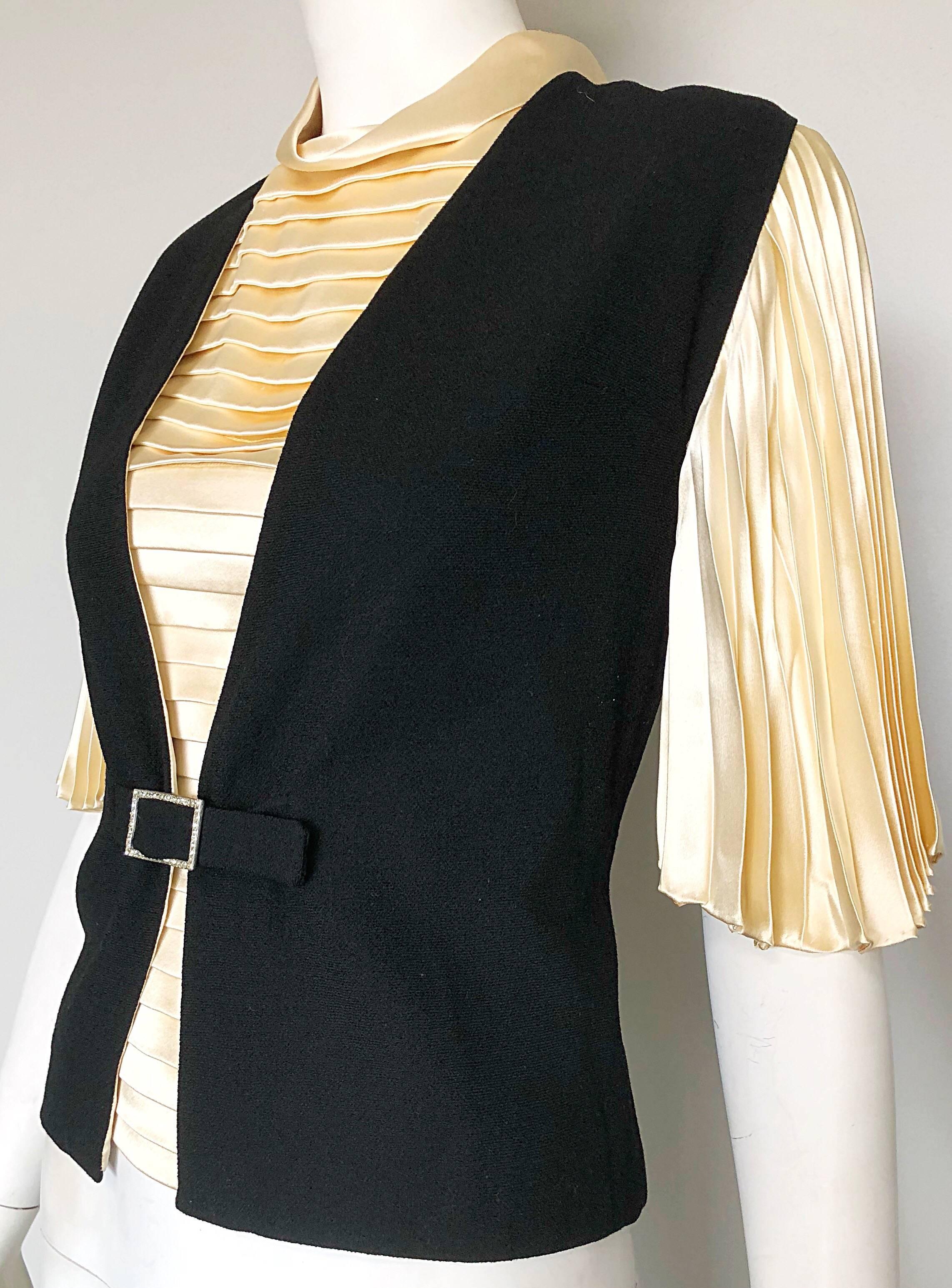 Women's Cardinali 1960s Original Sample Ivory Silk Blouse + Black Rhinestone Waistcoat For Sale
