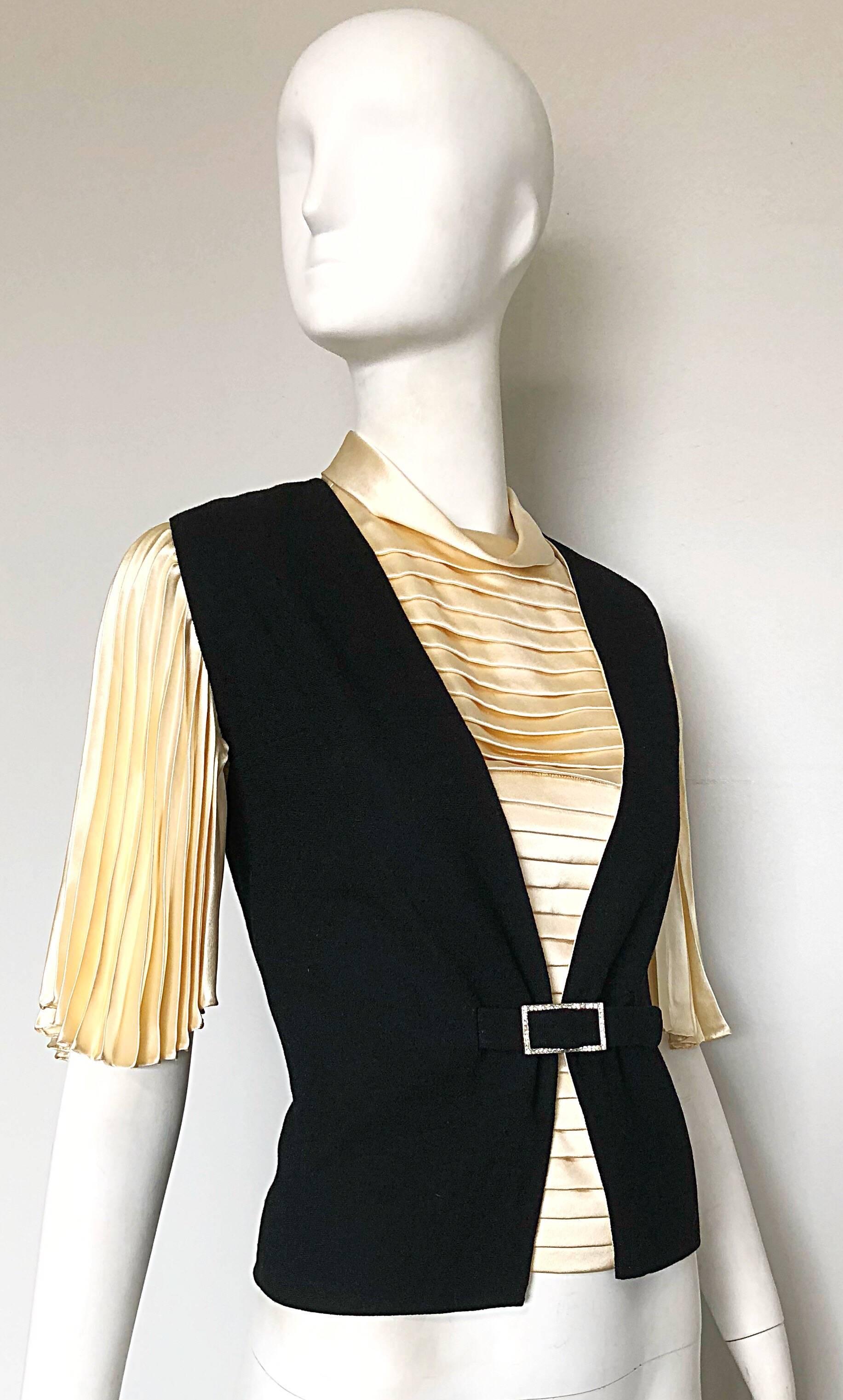 Cardinali 1960s Original Sample Ivory Silk Blouse + Black Rhinestone Waistcoat For Sale 1