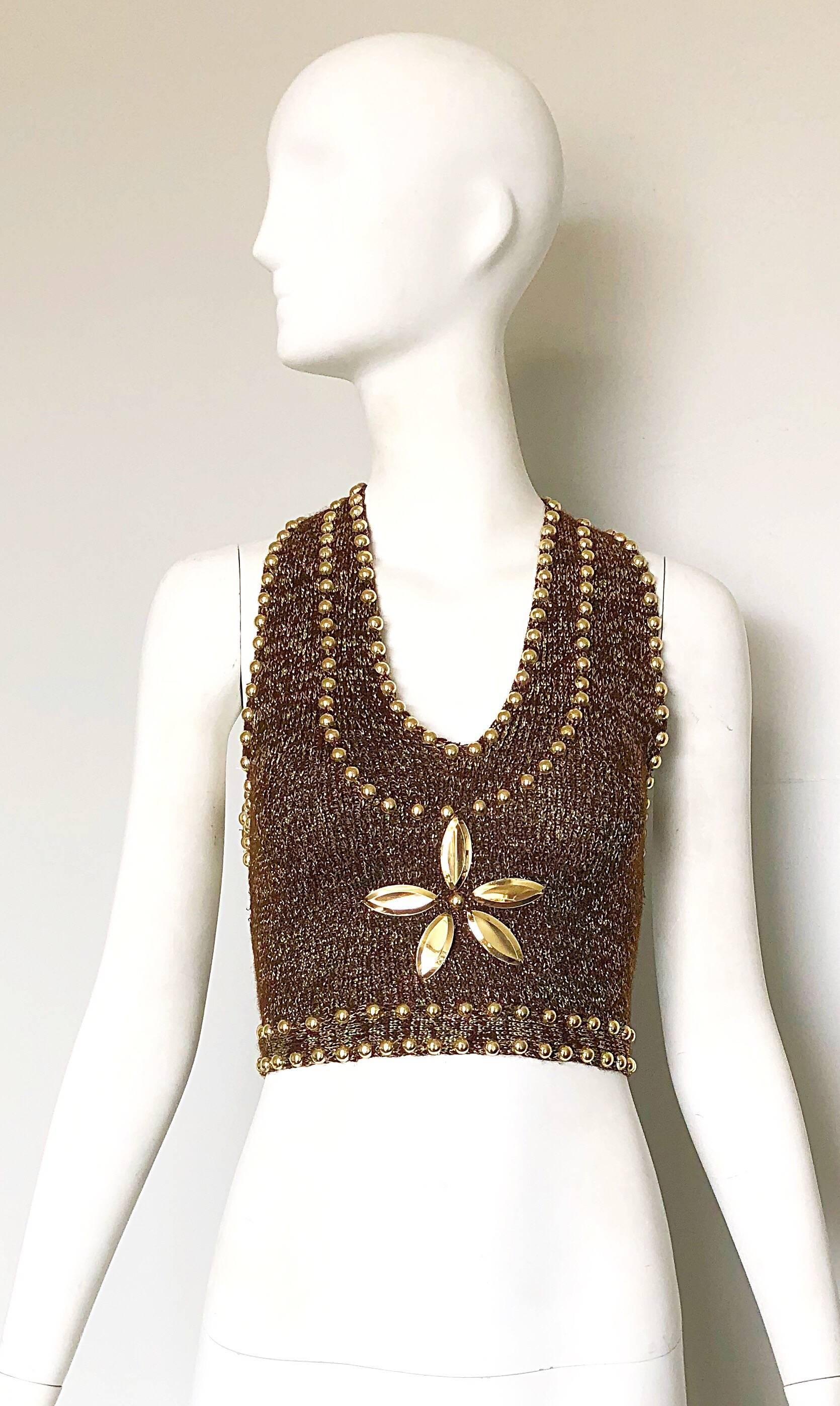 Sexy early 1970s CARDINALI Couture original sample brown and gold studded knit halter crop top! This rare gem comes from the estate of Marilyn Lewis, who was the founder / designer for Cardinali. Features a soft hand-woven brown and metallic gold