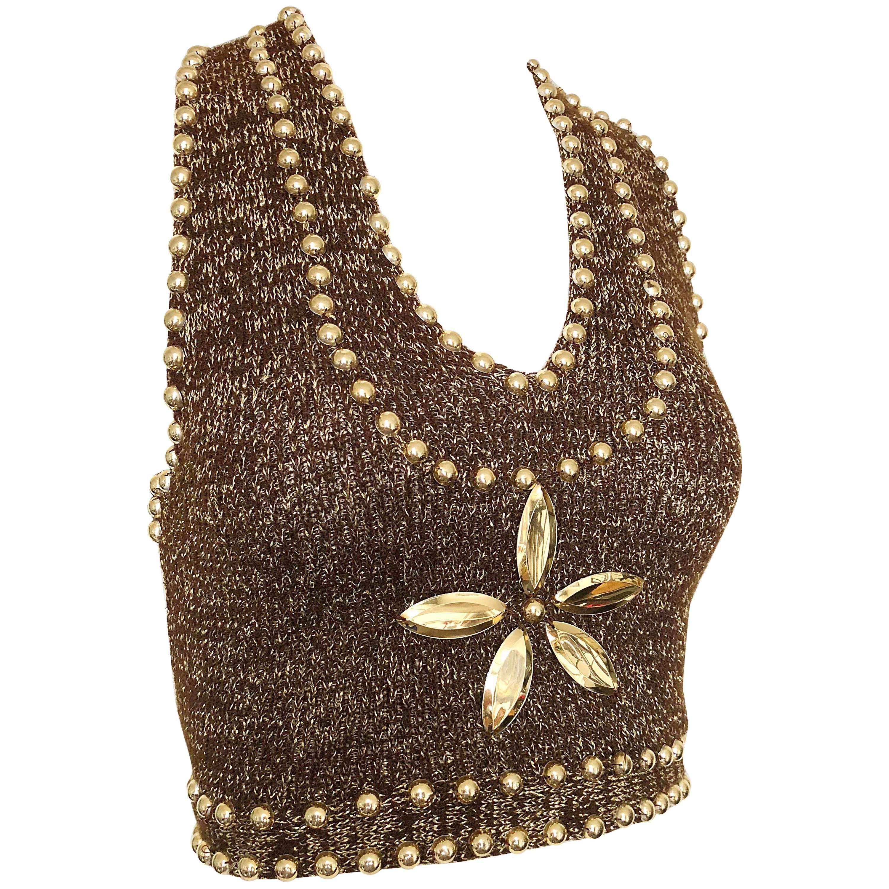 Cardinali 1970s Original Sample Brown + Gold Studded Vintage 70s Halter Crop Top