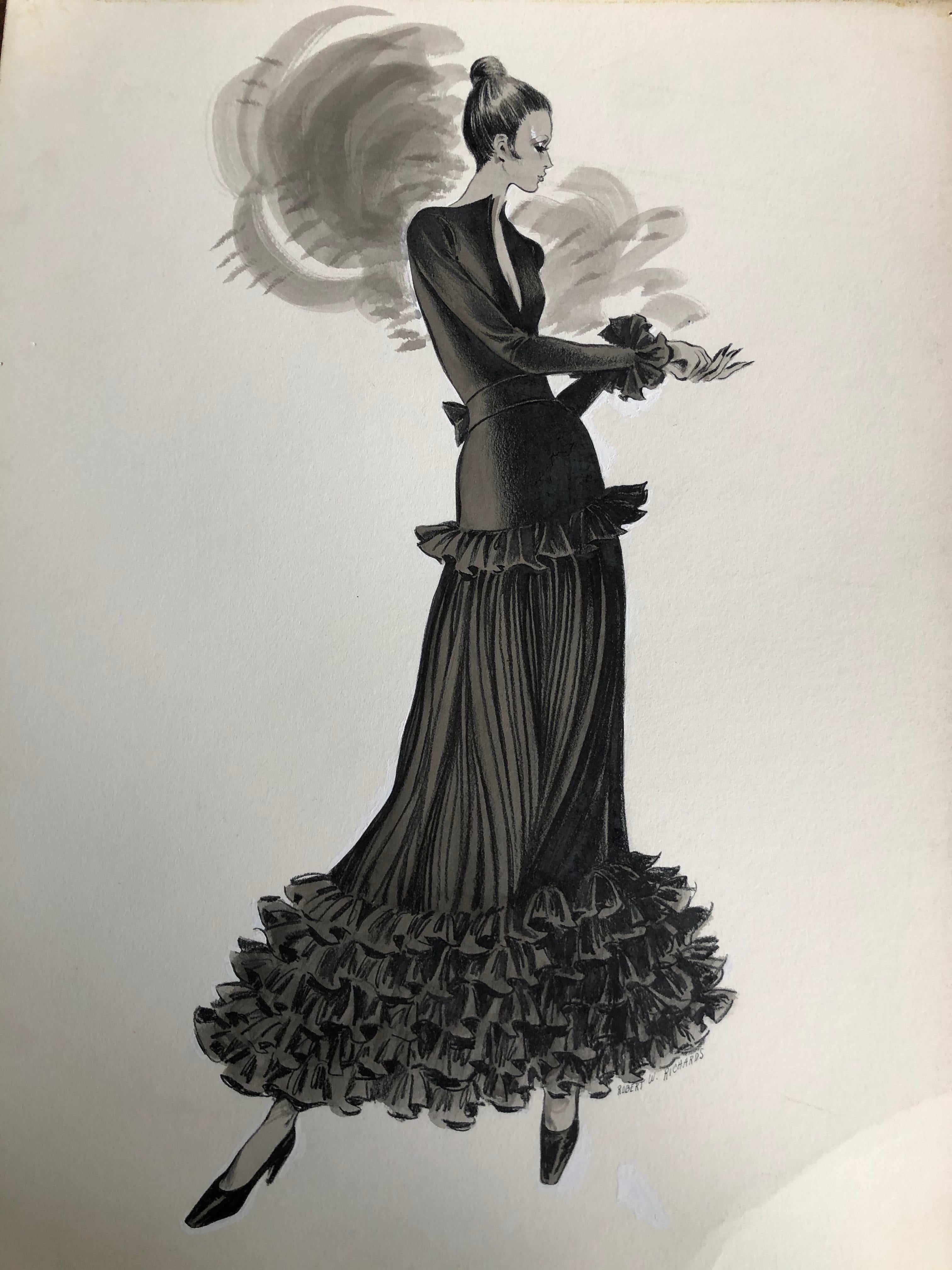 Cardinali Fashion Original Illustration by Robert W. Richards, 1970s  In Excellent Condition For Sale In Cloverdale, CA