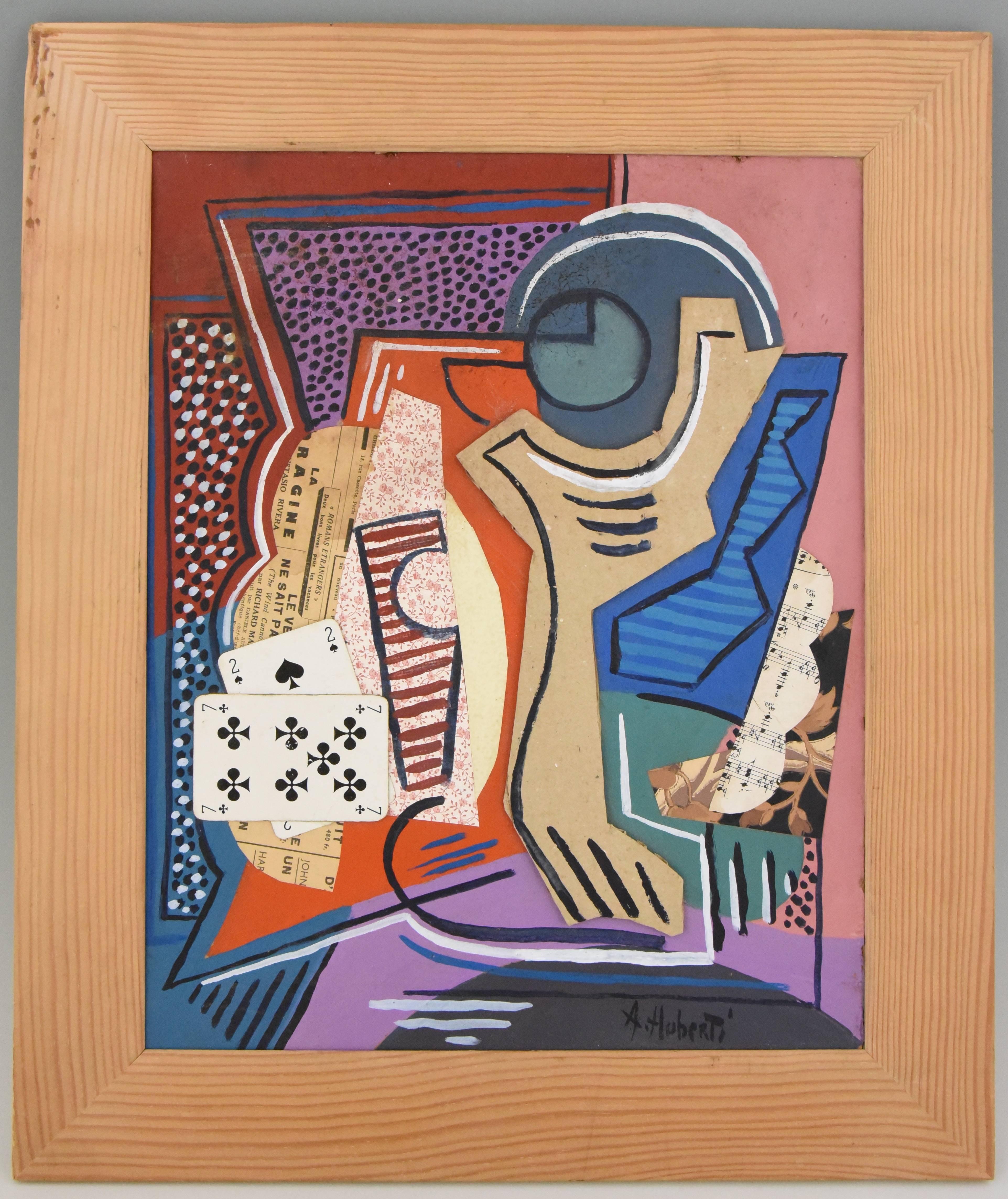 Description: Cards, cubist collage with playing cards and staff paper.
Artist/ maker: Antonio Huberti. Born in Spain in 1907, worked in France.
Signature/ marks: A. Huberti.
Date: 1940-1950
Material: Mixed-media on cardboard. Framed.
Origin: