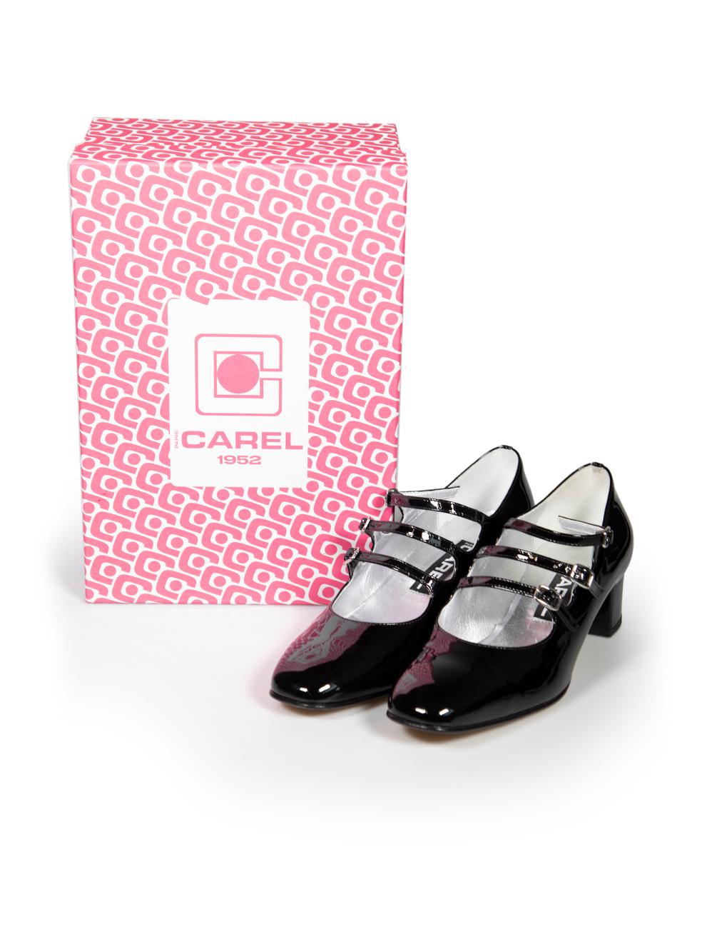 Carel Black Patent Leather Triple Strap Mary Jane Heels Size IT 38.5 For Sale 2