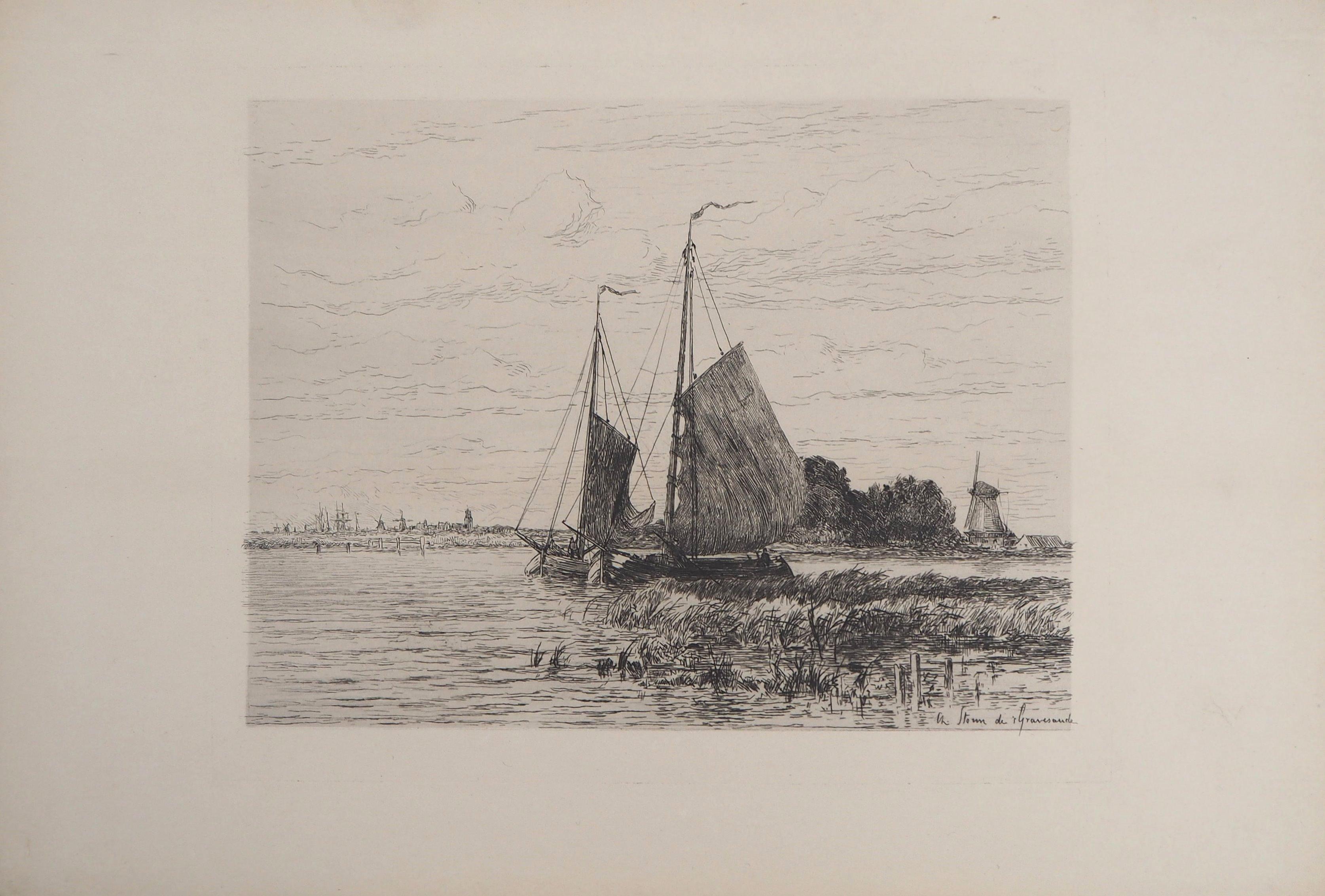Fisherman Boats on the Scheldt - Eau-forte originale - Académique Print par Carel Nicolaas STORM VAN'S GRAVENSANDE