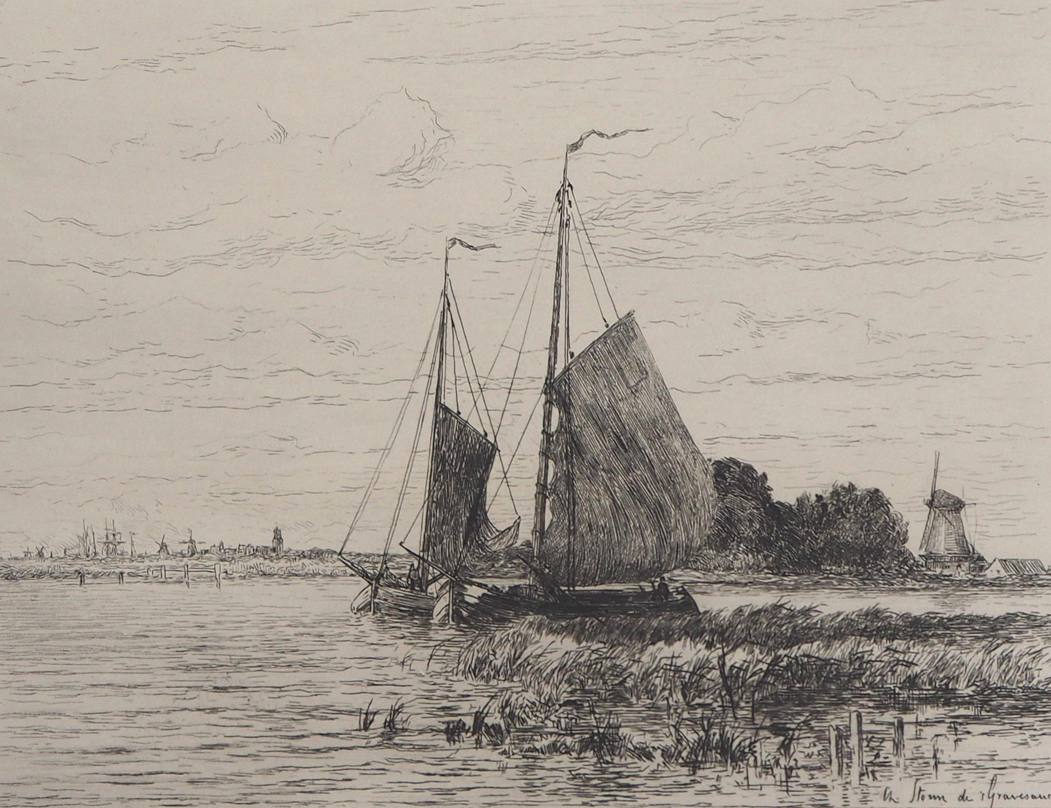Fisherman Boats on the Scheldt - Eau-forte originale - Beige Landscape Print par Carel Nicolaas STORM VAN'S GRAVENSANDE