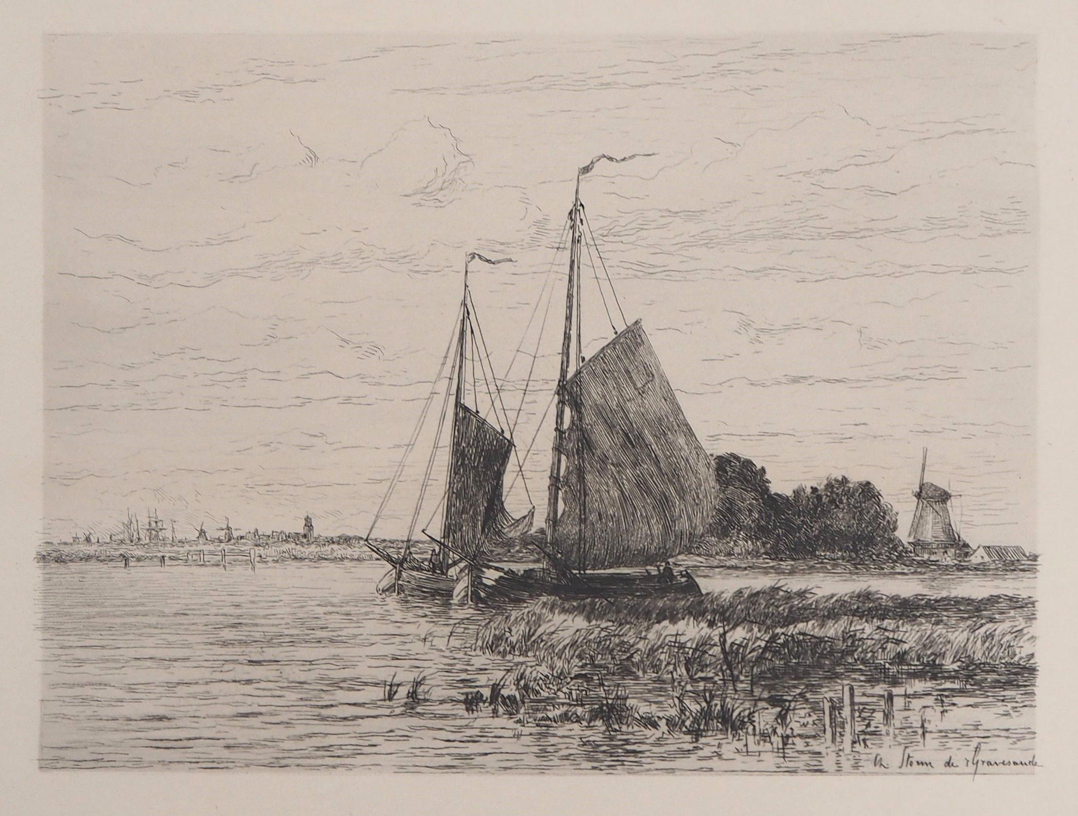 Landscape Print Carel Nicolaas STORM VAN'S GRAVENSANDE - Fisherman Boats on the Scheldt - Eau-forte originale
