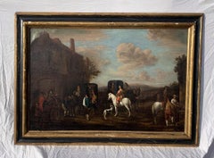 18th century Flemish landscape painting - Knights figures oil on canvas Italy