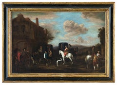 18th century Flemish landscape painting - Knights figures oil on canvas Italy