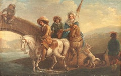 Antique VAN FALENS Flemish painting Horses riders river landscape 18th