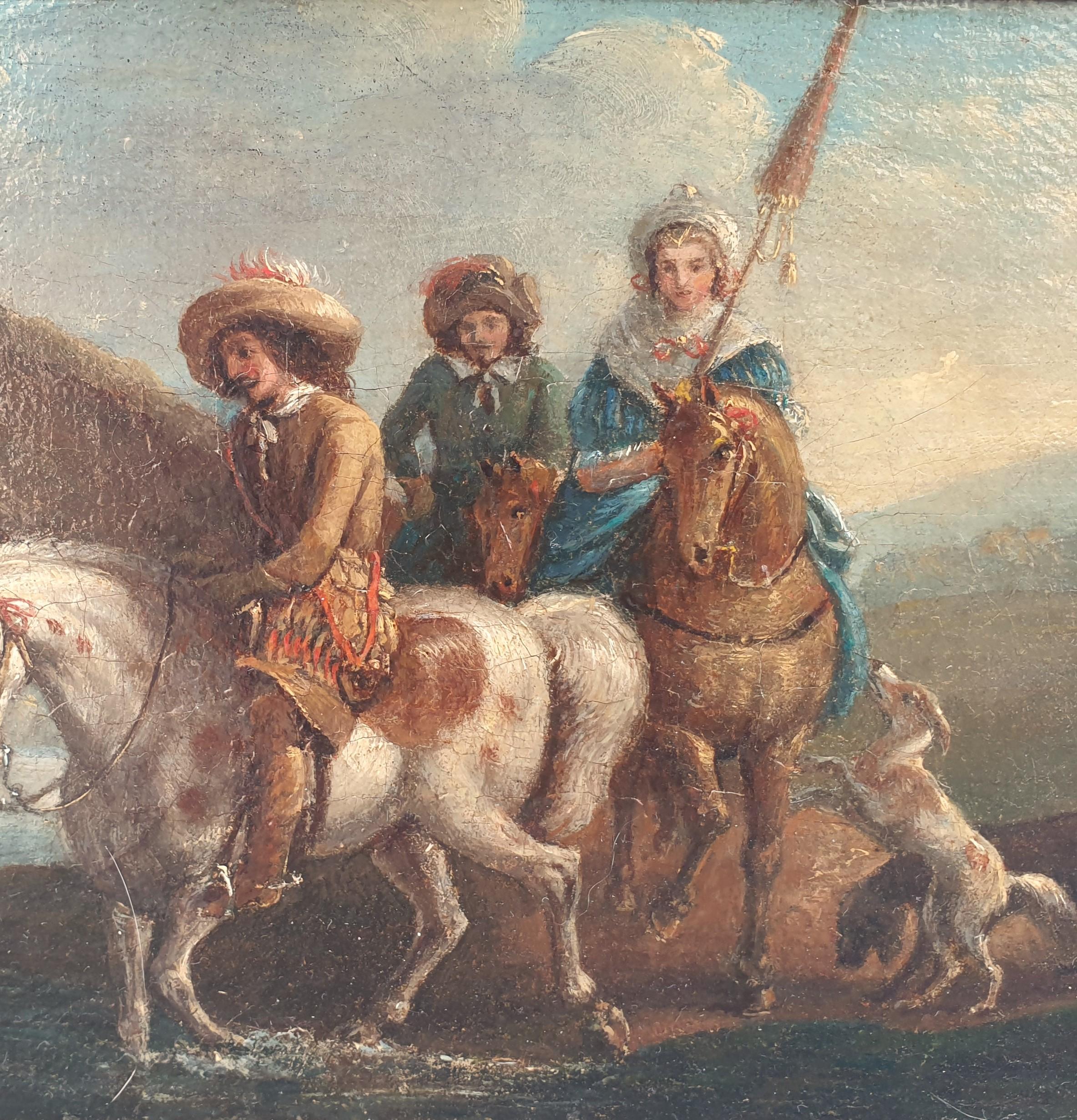 VAN FALENS Quadro fiammingo Cavalli cavalieri paesaggio fluviale XVIII - Painting Scuola fiamminga di Carel van Falens (Antwerp, 1683 - Paris, 1733), attrib.