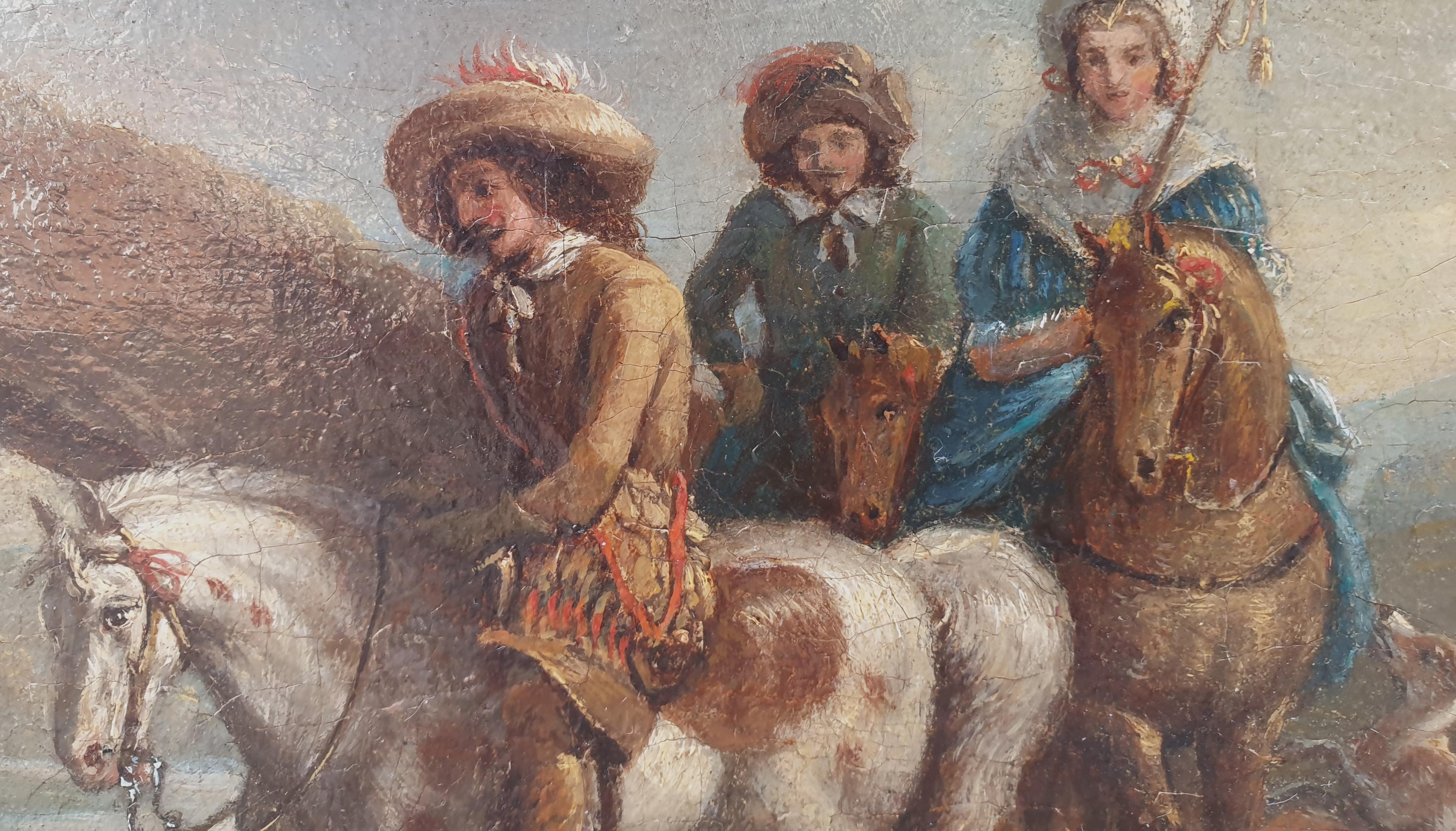 VAN FALENS Quadro fiammingo Cavalli cavalieri paesaggio fluviale XVIII - Figurative Painting Marrone di Carel van Falens (Antwerp, 1683 - Paris, 1733), attrib.