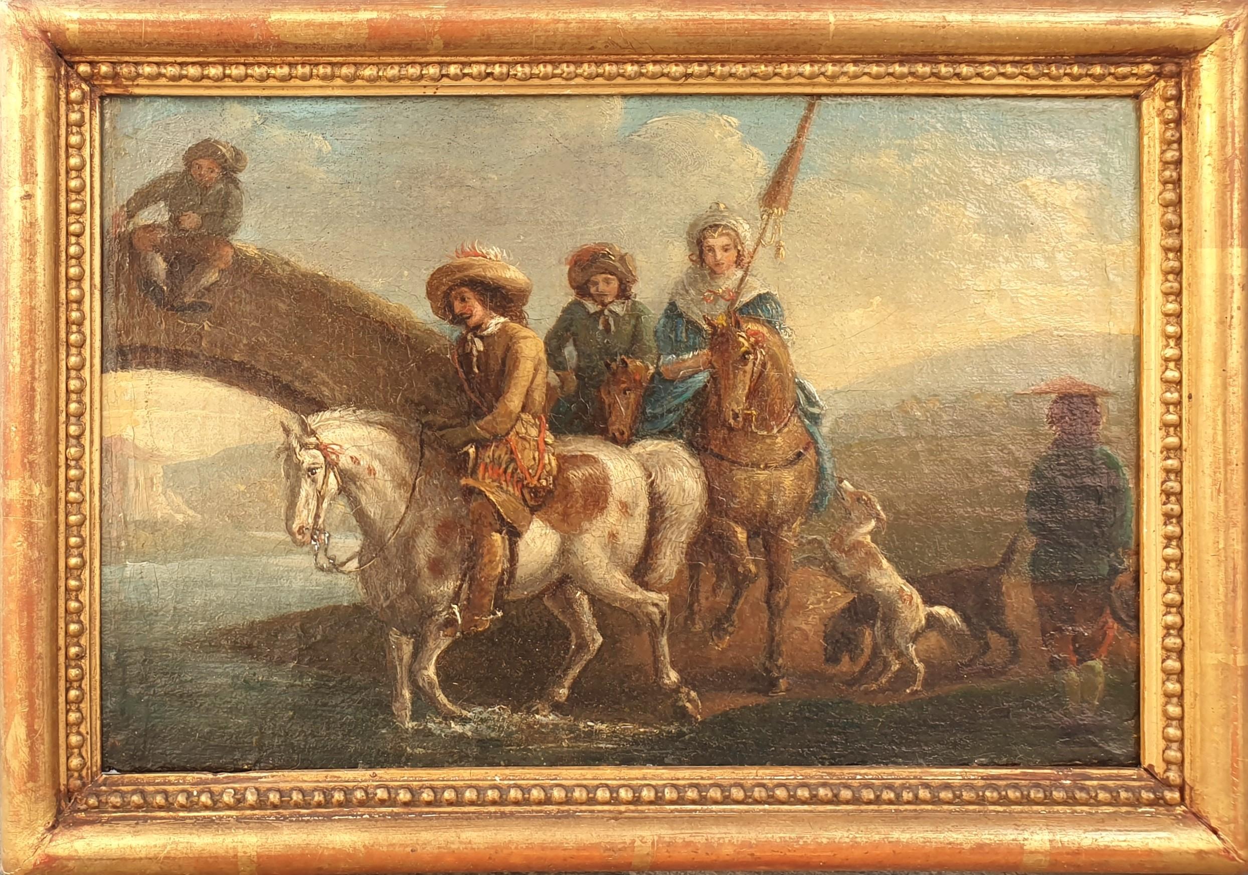 VAN FALENS Quadro fiammingo Cavalli cavalieri paesaggio fluviale XVIII - Painting di Carel van Falens (Antwerp, 1683 - Paris, 1733), attrib.