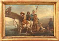 VAN FALENS Flemish painting Horses riders river landscape 18th