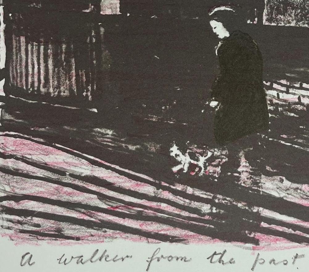 El caminante del pasado, 1987 - Impresión en blanco, negro y rosa con figura y árboles - Print de Carel Weight