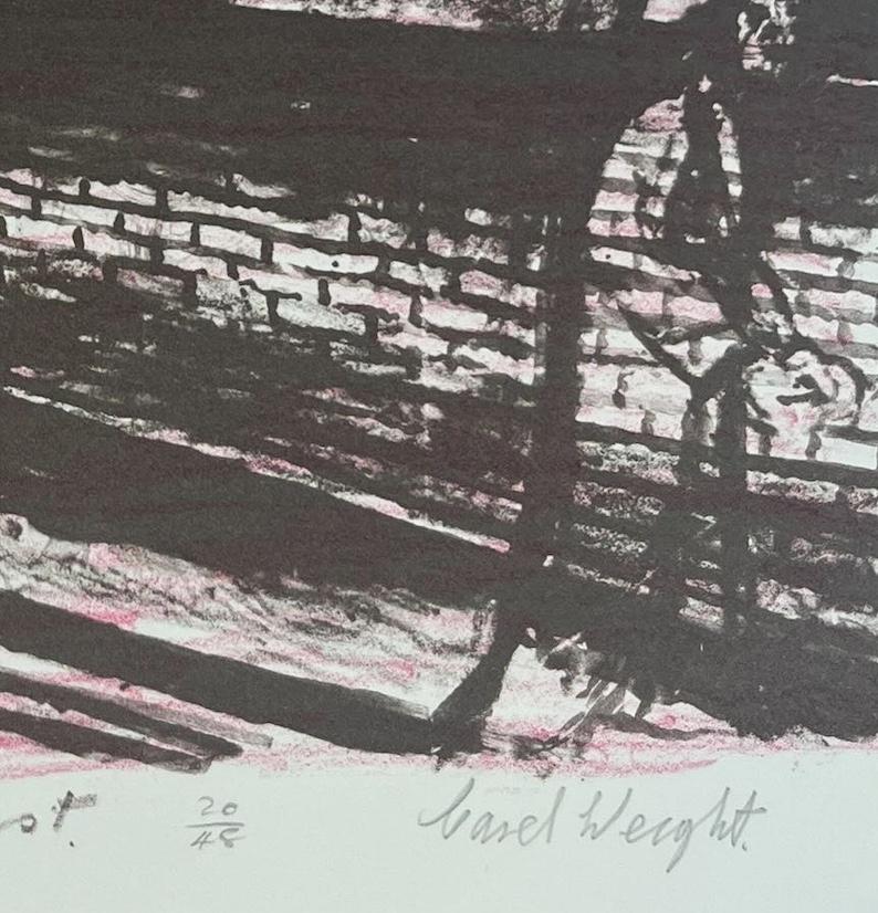 El caminante del pasado, 1987 - Impresión en blanco, negro y rosa con figura y árboles - Print Gris de Carel Weight