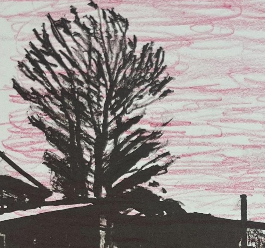 El caminante del pasado, 1987 - Impresión en blanco, negro y rosa con figura y árboles en venta 1